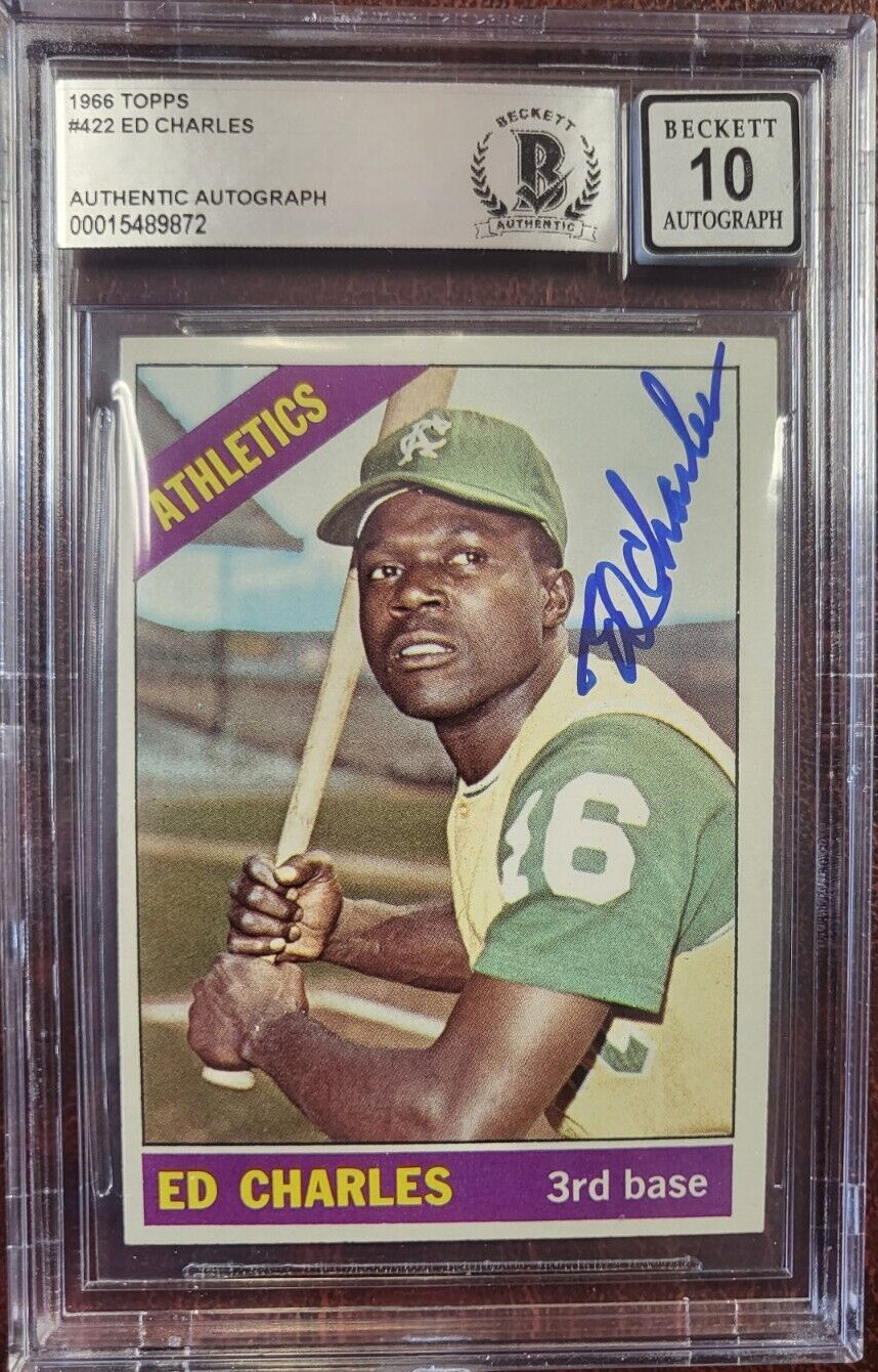 1966 TOPPS ED CHARLES ATHLETICS SIGNED AUTOGRAPH #422 CARD BECKETT 10 AUTO * COLLECTIBLE MEMORABILIA