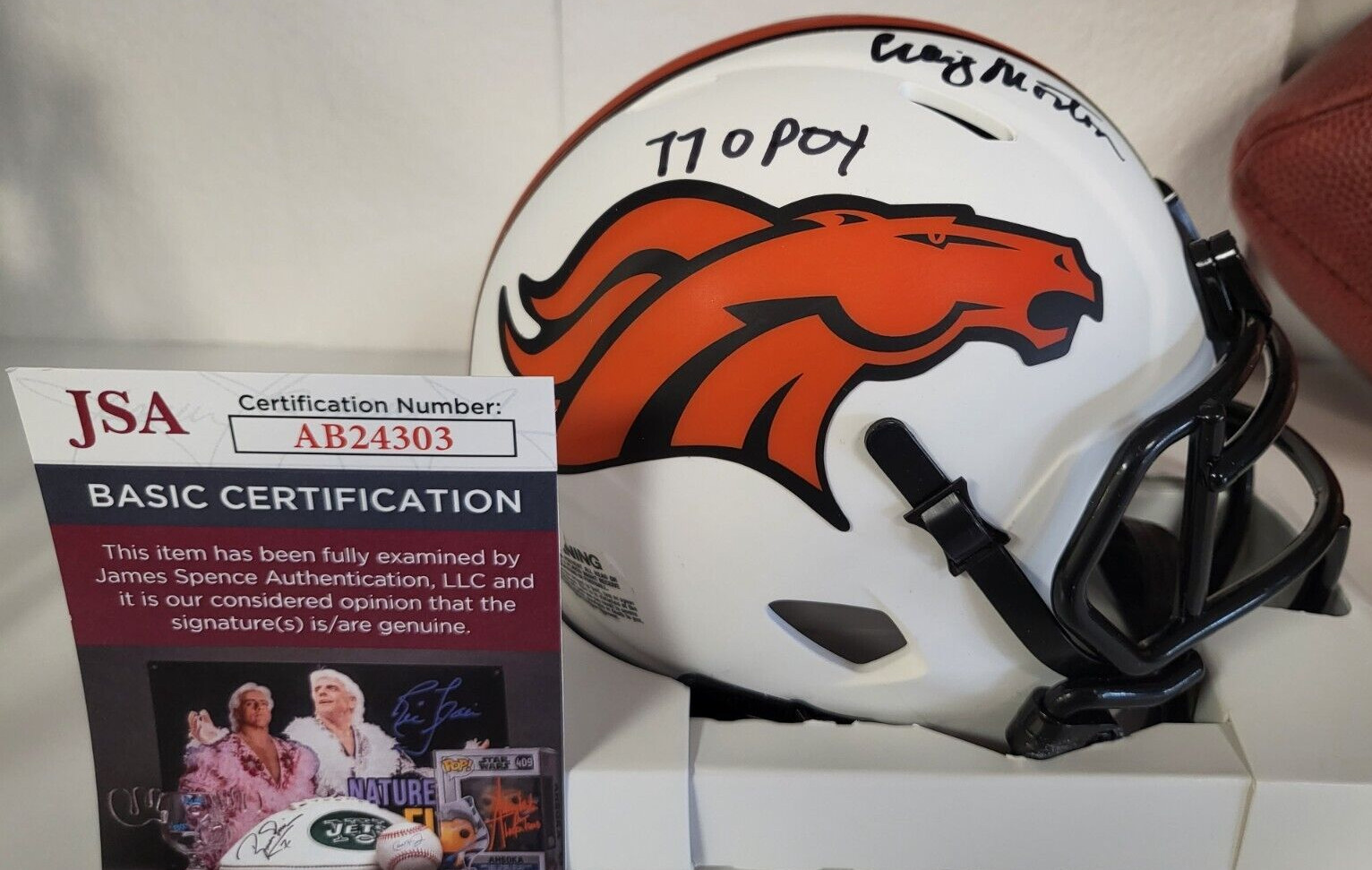 CRAIG MORTON BRONCOS 77 DPOY SIGNED AUTOGRAPHED LUNAR MINI HELMET JSA AUTH *
