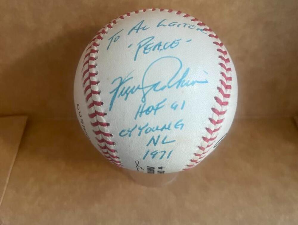 TO AL LEITER FERGIE JENKINS STAT BALL SIGNED N.L. BASEBALL LOOK! JSA AI62703
