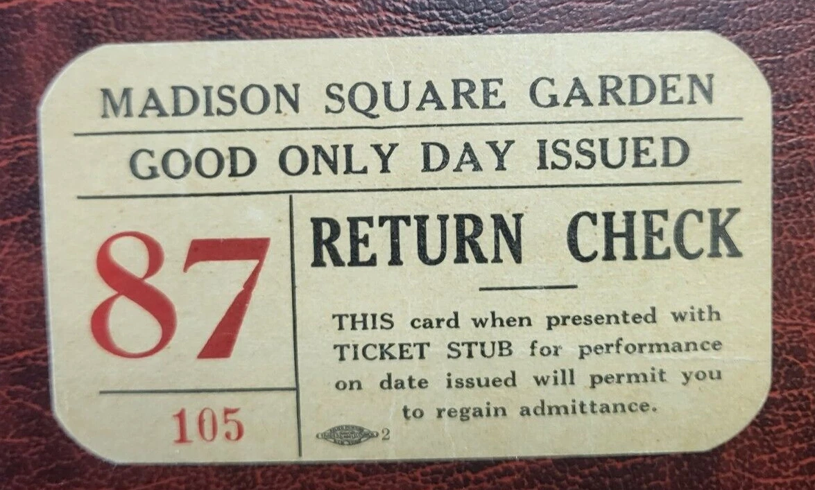 MADISON SQUARE GARDEN GOOD ONLY DAY ISSUED RETURN CHECK VINTAGE RARE
