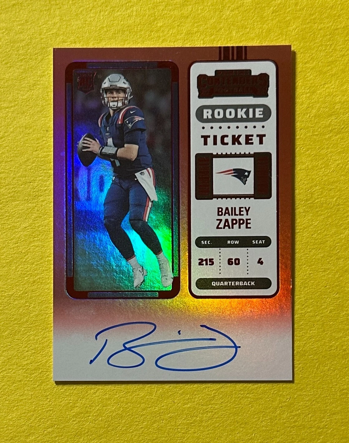 2022 PANINI CONTENDERS FOTL RED ZONE BAILEY ZAPPE ROOKIE AUTO SP #104 PATRIOTS

