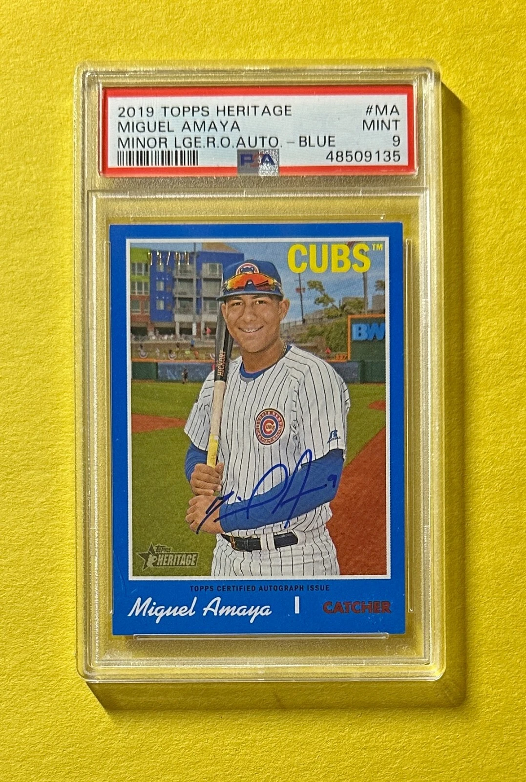 2019 TOPPS HERITAGE MINOR LEAGUE MIGUEL AMAYA BLUE AUTO /99 PSA MINT 9
