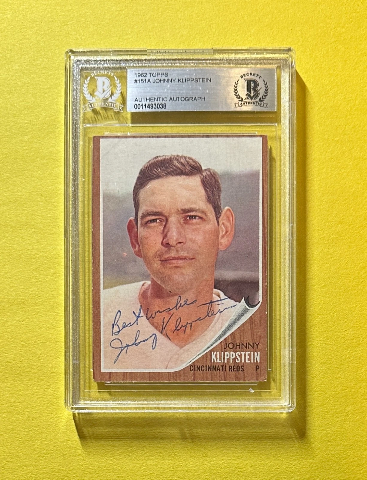 1962 TOPPS JOHNNY KLIPPSTEIN #151A AUTHENTIC AUTO BECKETT CERTIFIED REDS

