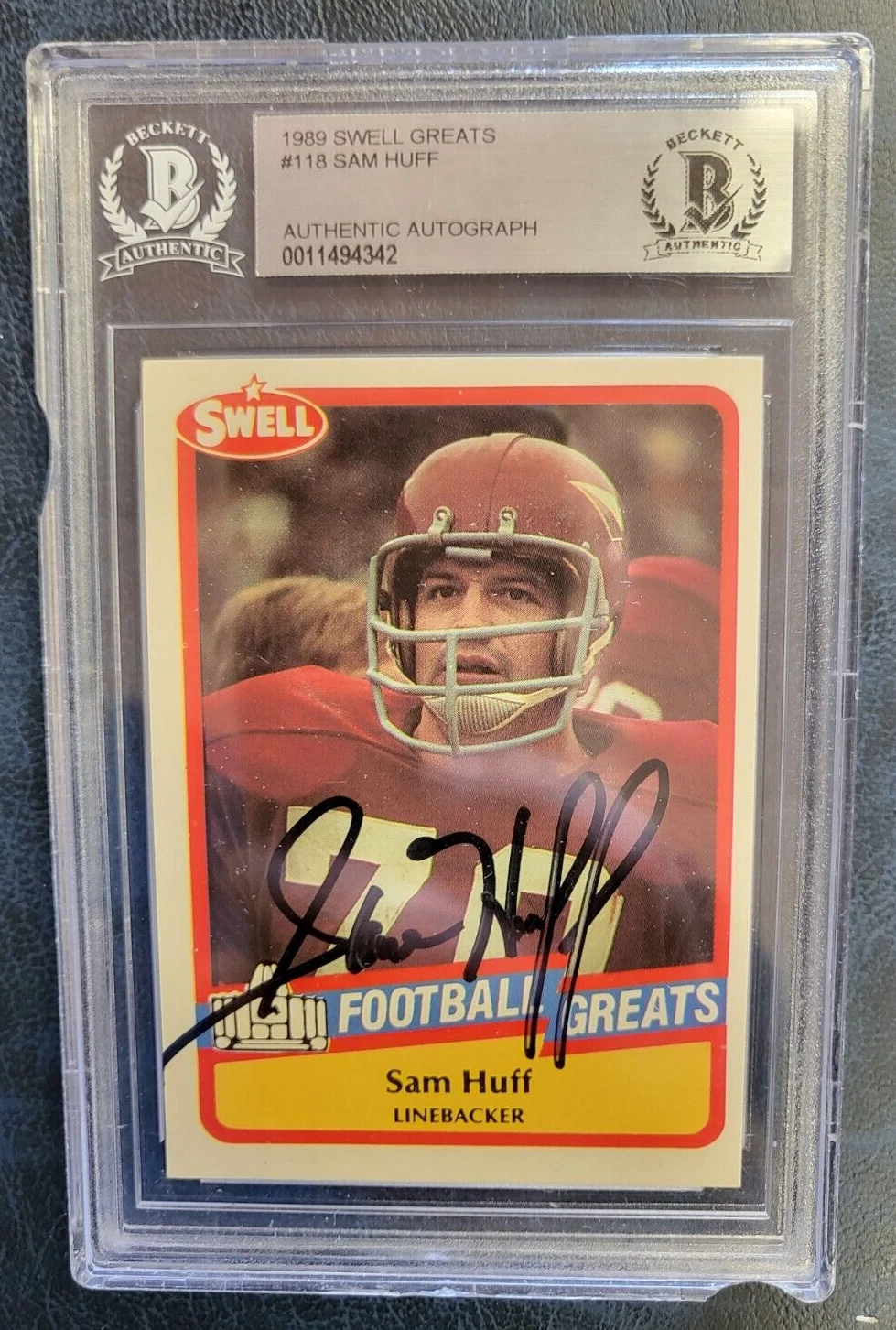 1989 SWELL GREATS SAM HUFF FOOTBALL LEGEND SIGNED AUTO CARD BECKETT GRADED AUTH COLLECTIBLE MEMORABILIA
