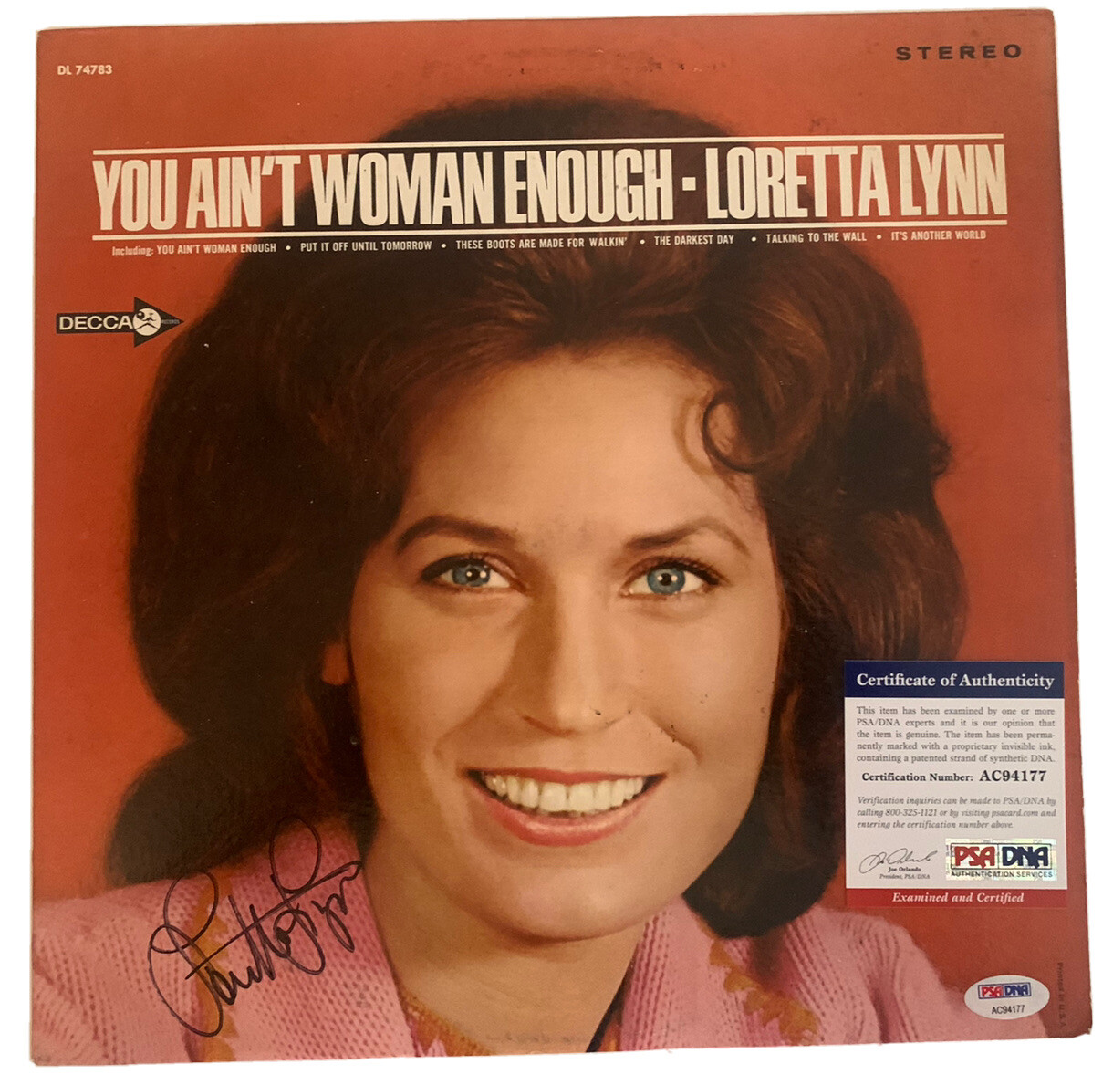 Loretta Lynn Signed Autographed Woman Enough LP Album Record PSA Certified
