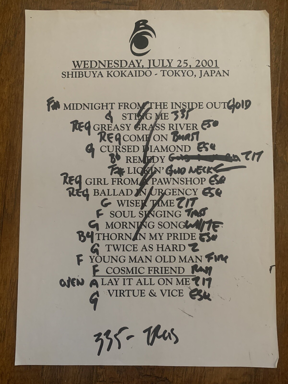 The Black Crowes 7-25-01 Tour Concert Used Set List W/ Notes Tokyo, Japan
