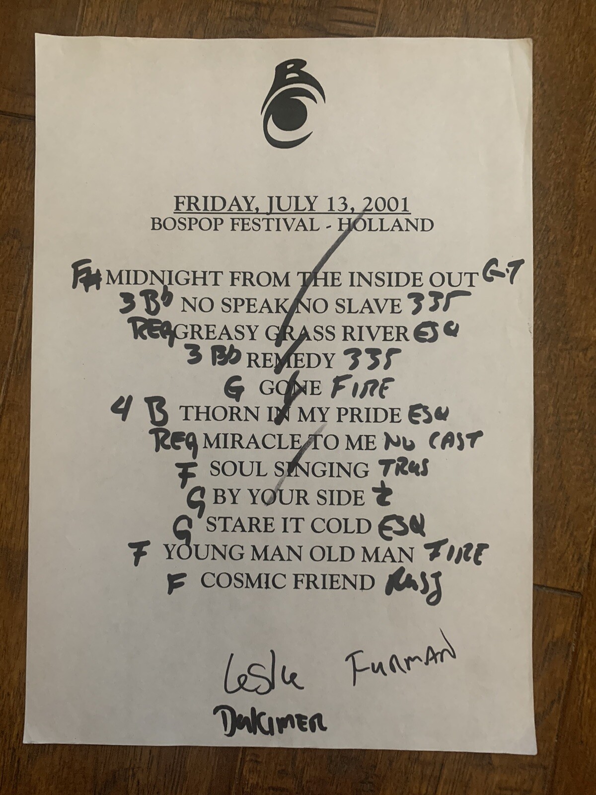 The Black Crowes 7-13-01 Tour Concert Used Set List W Notes Boshop Fest Holland
