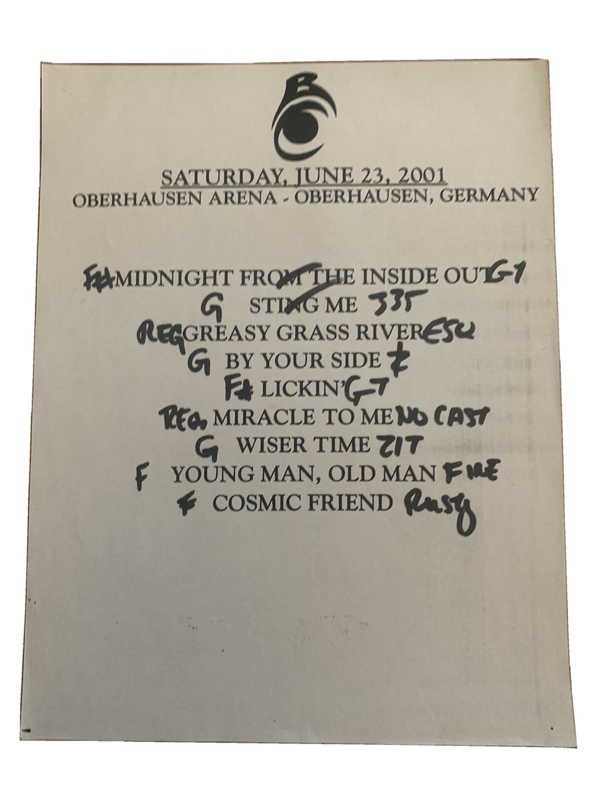 Black Crowes Band 6-23-01 Tour Concert Used Set List W Notes Oberhausen Germany
