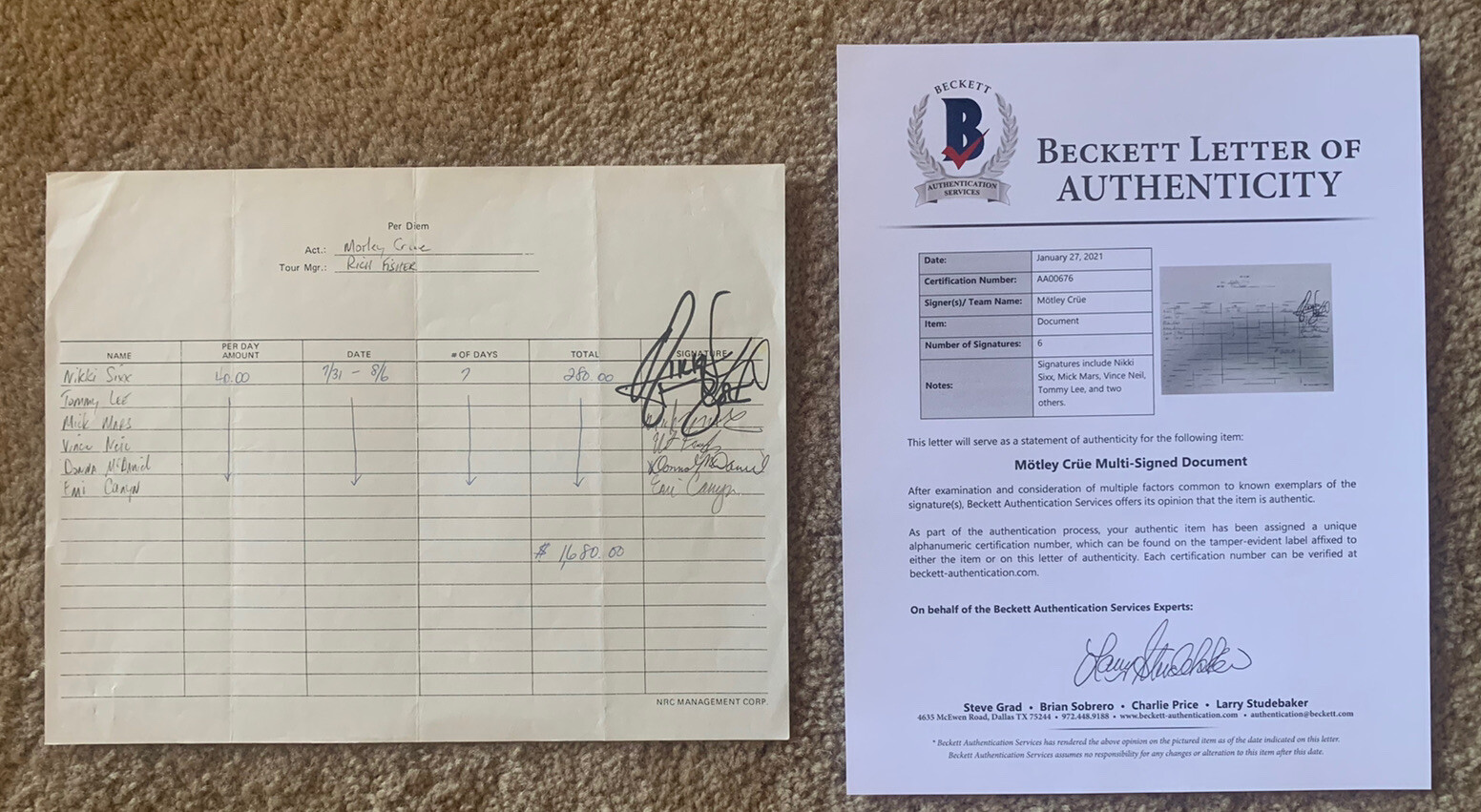 Motley Crue RARE 1987 Band Signed Autograph Per Diem Sheet Beckett Certified #3
