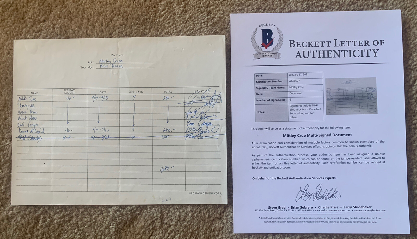 Motley Crue RARE 1987 Band Signed Autograph Per Diem Sheet Beckett Certified #2
