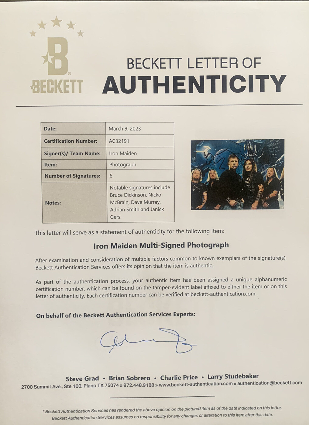 Iron Maiden Band Signed Autographed 8x12 Photo Bruce +5 Beckett Certified F2
