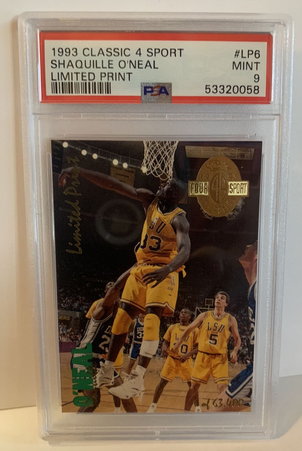 1993 Classic 4 Sport Limited Print #LP6 Shaquille O'Neal LSU HOF PSA 9 MINT
