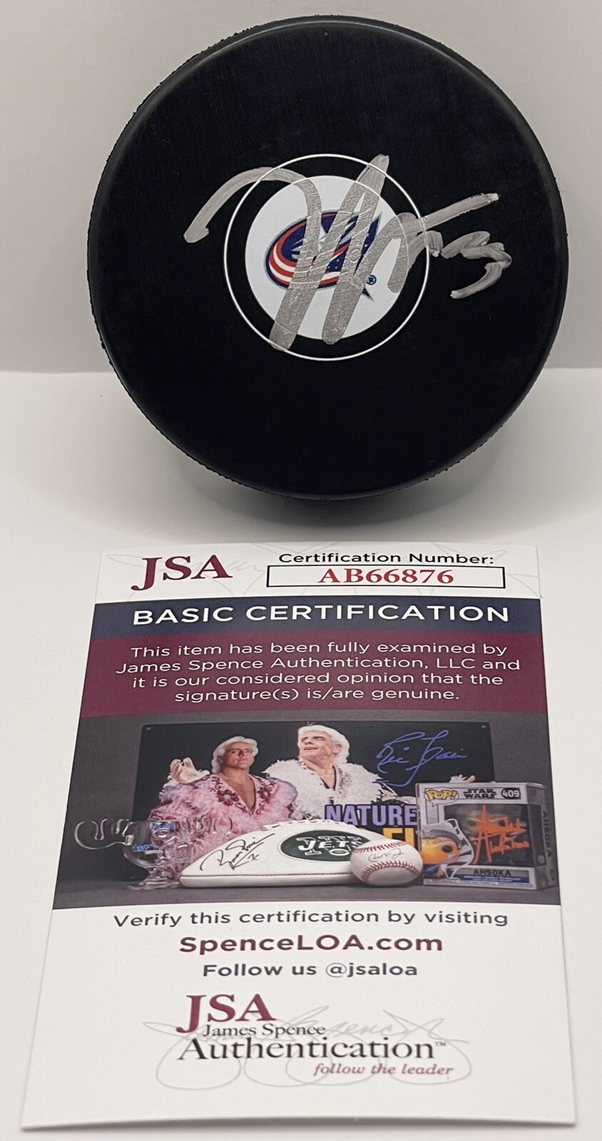 Kent Johnson Signed Autographed Columbus Bluejackets Hockey Puck JSA #1 Pick
