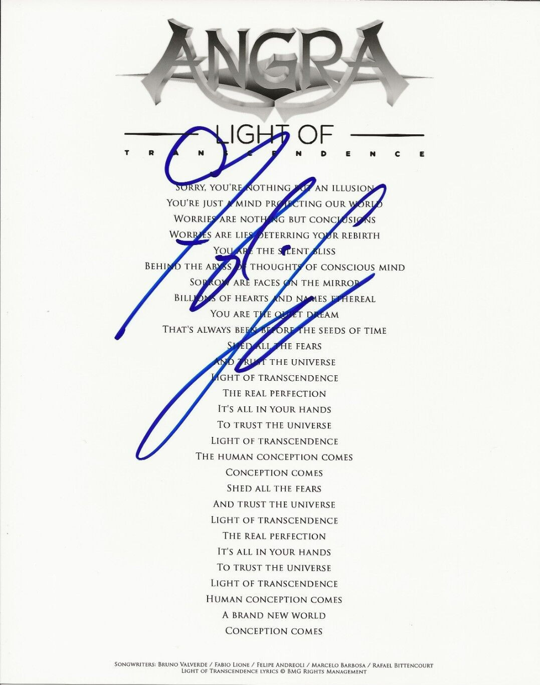 Fabio Lione of ANGRA band SIGNED Light of Transcendence Lyric Sheet #2 COA
