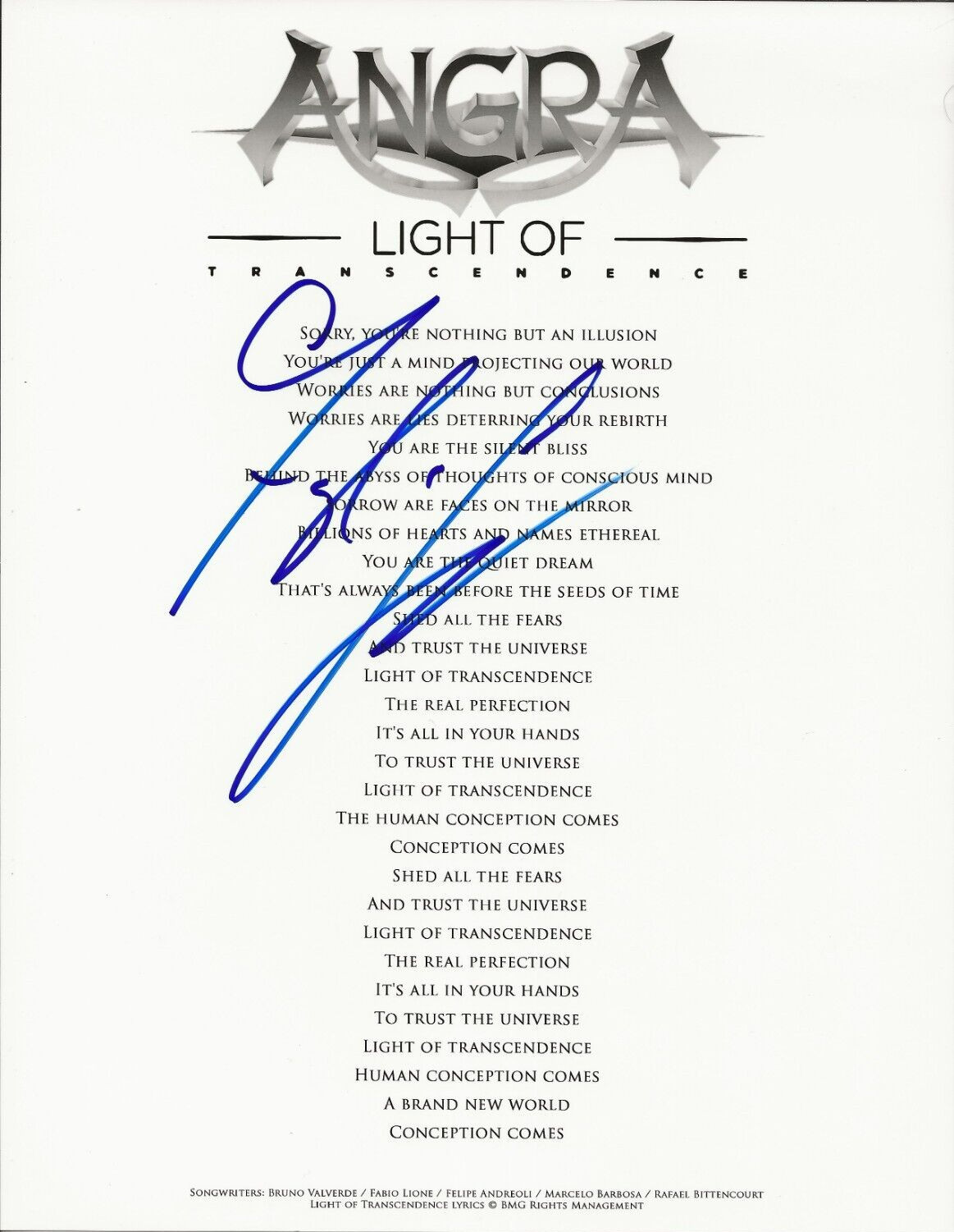 Fabio Lione of ANGRA band SIGNED Light of Transcendence Lyric Sheet #3 COA
