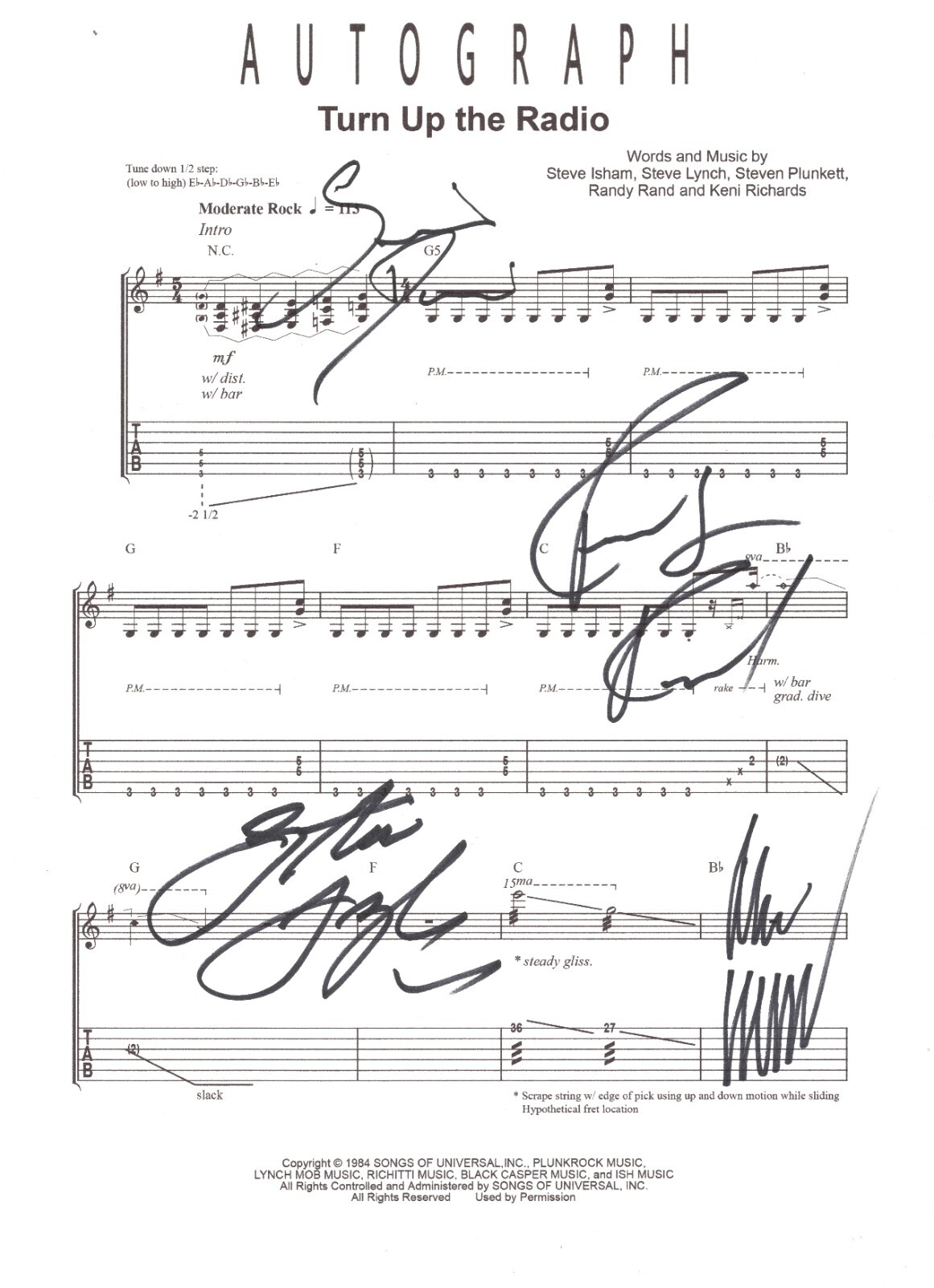Autograph 80's band REAL SIGNED Turn Up The Radio Sheet Music COA Autographed
