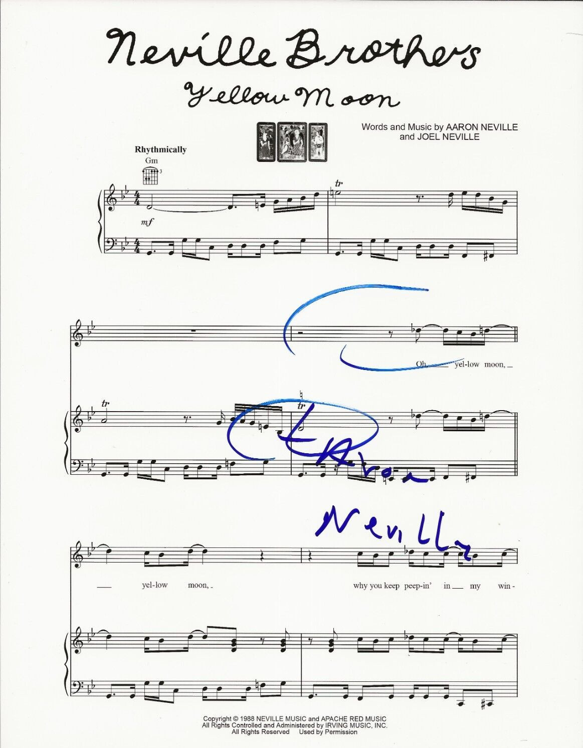 Neville Brothers REAL SIGNED Yellow Moon Sheet Music COA Autographed by Aaron
