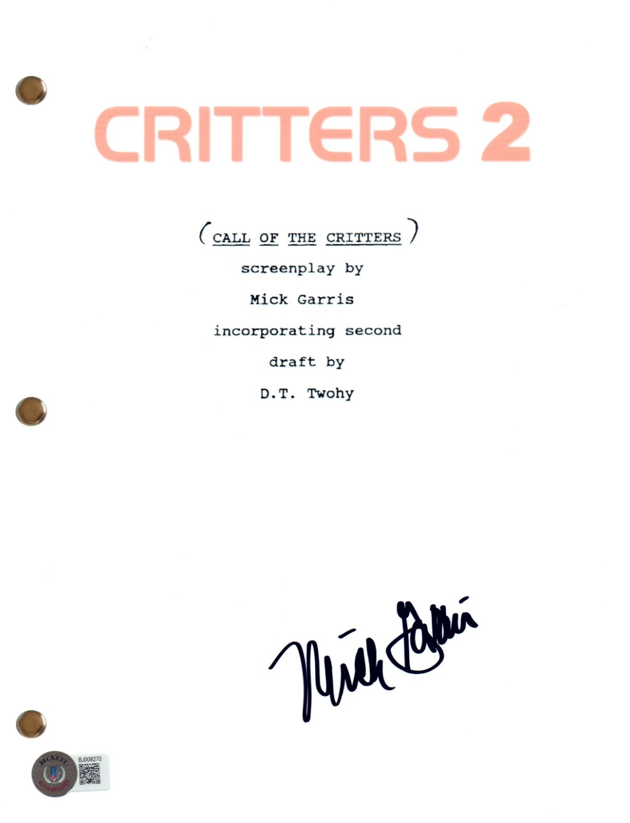 Mick Garris Signed Autograph Critters 2 Full Movie Script Screenplay Beckett COA
