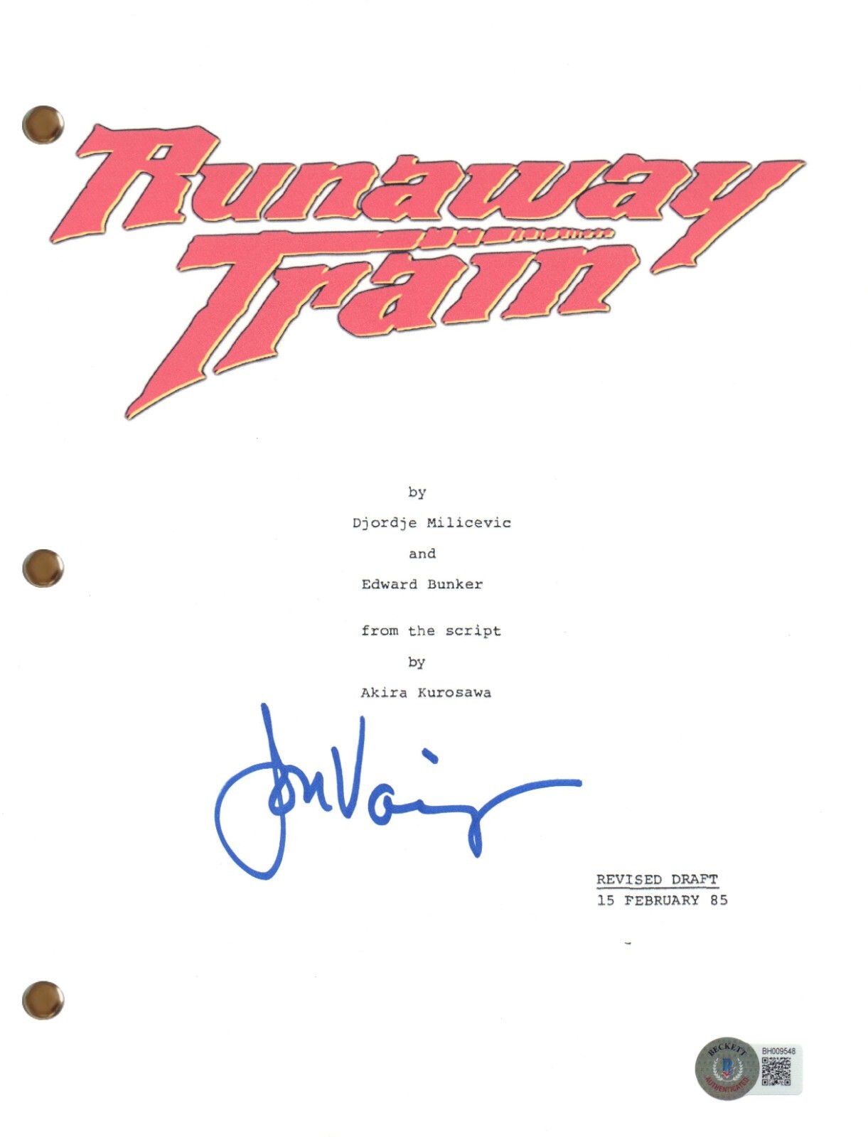 Jon Voight Signed Autograph Runaway Train Movie Script Screenplay Beckett COA
