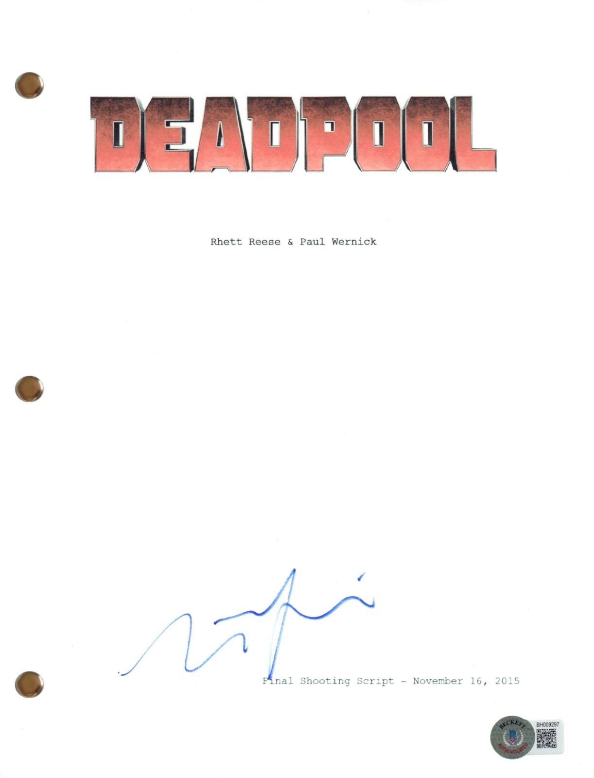 Tim Miller Signed Autograph Deadpool Movie Script Screenplay Beckett COA
