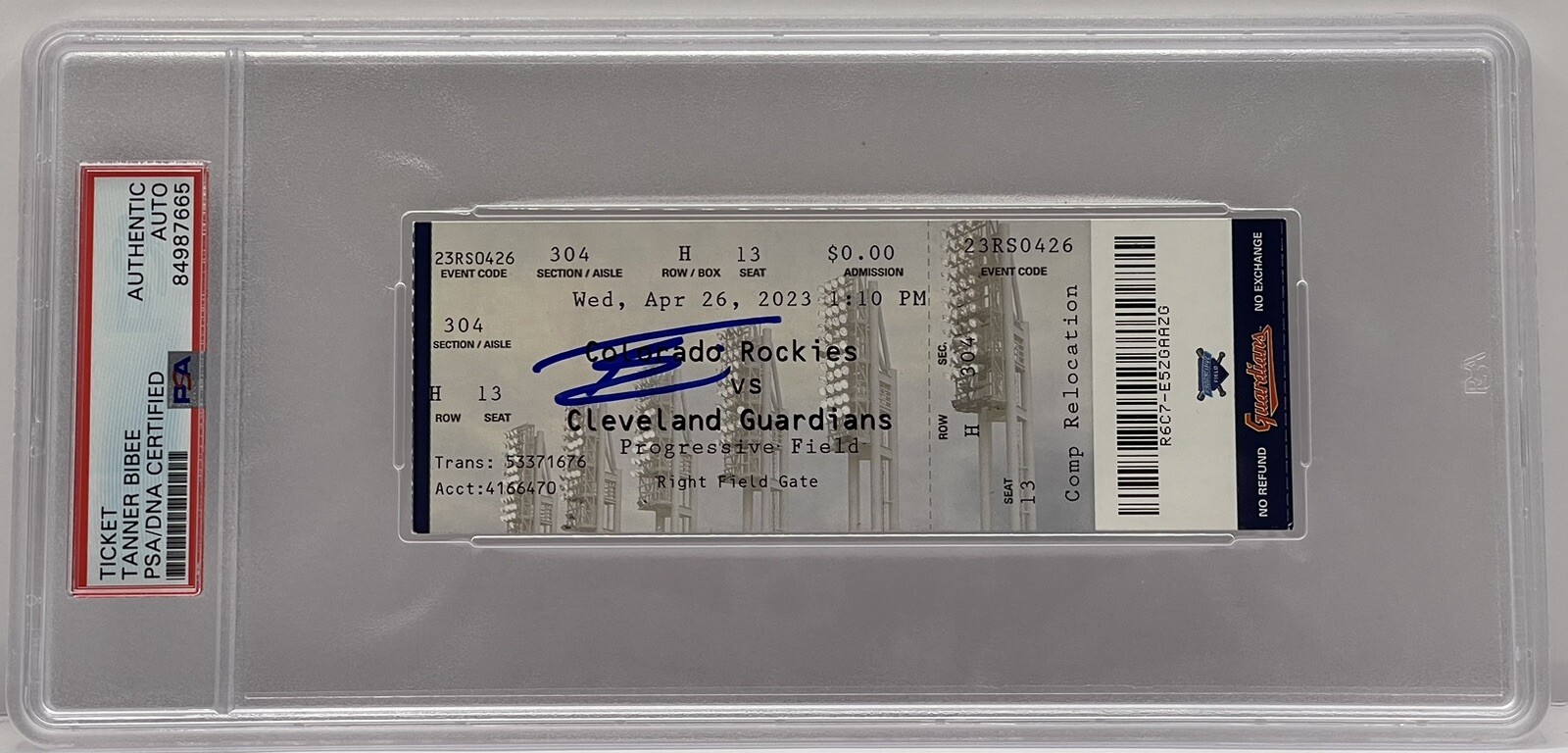 Tanner Bibee 2023 MLB Debut Ticket Stub PSA/DNA Slab Cleveland Guardians
