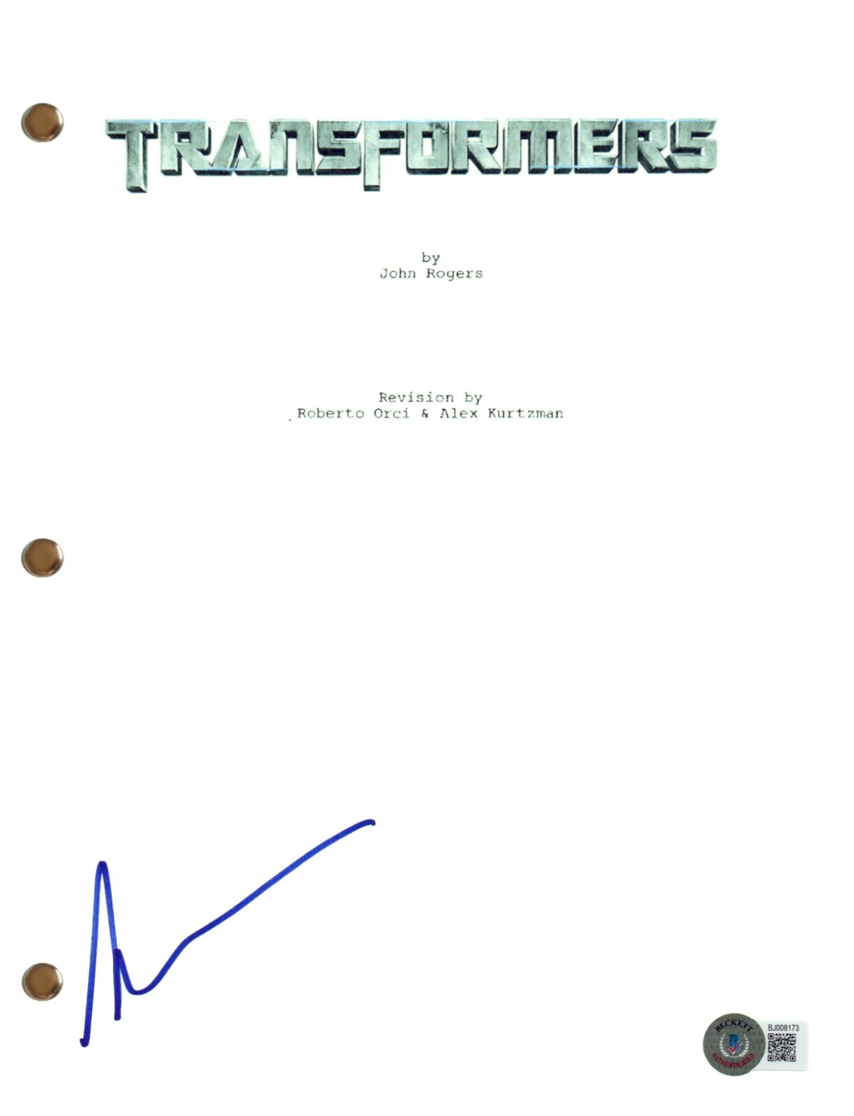 Alex Kurtzman Signed Autograph Transformers Movie Script Screenplay Beckett COA
