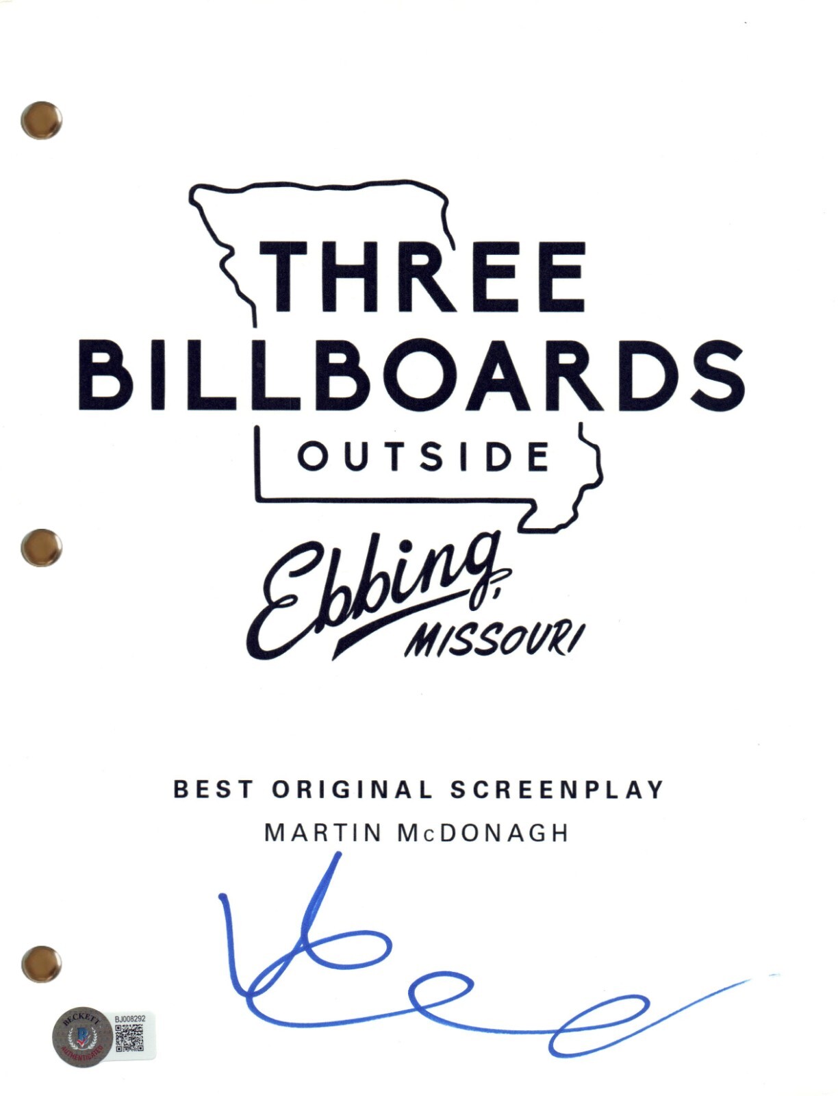 Martin McDonagh Signed Three Billboards Outside Ebbing, Missouri Script BAS COA
