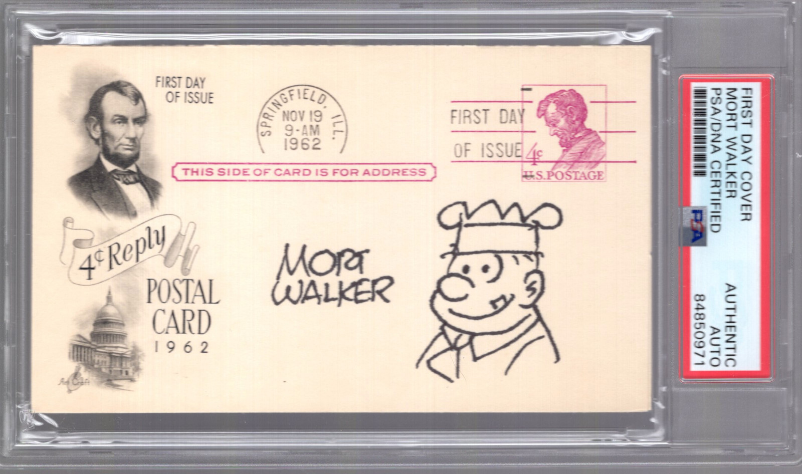 MORT WALKER HAND SIGNED 1962 POSTAL CARD WITH SARGE DRAWING JSA+PSA SLABBED
