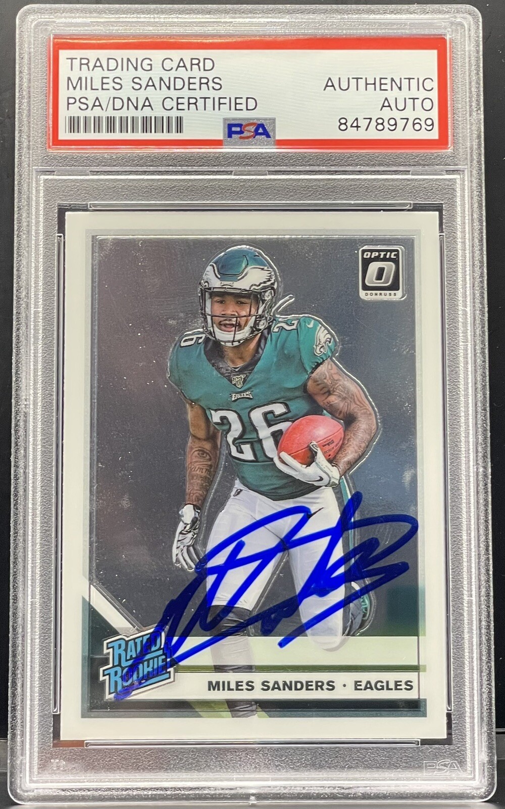 Miles Sanders 2019 Optic Signed Rookie Card Eagles PSA/DNA Slabbed
