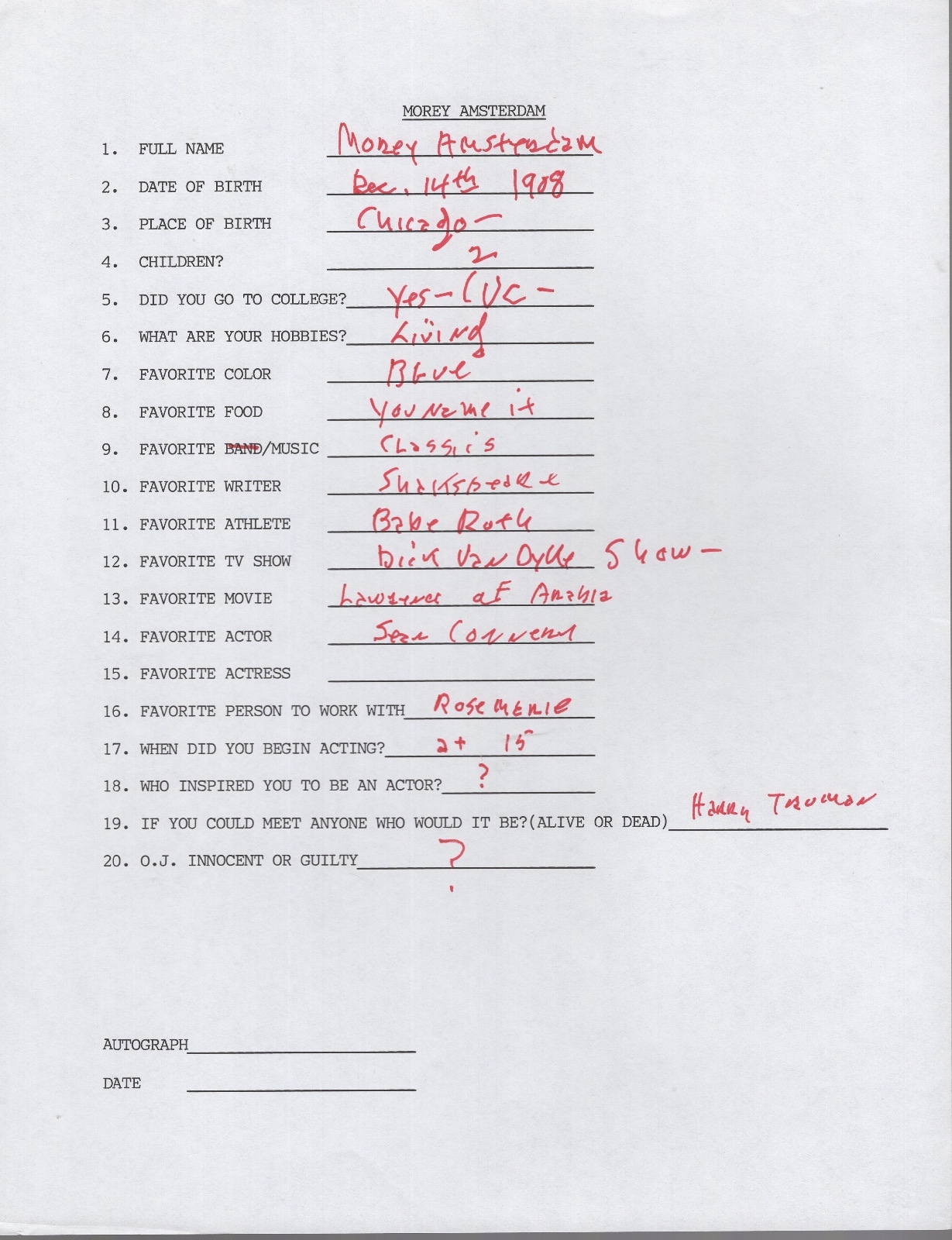 MOREY AMSTERDAM HAND SIGNED+FILLED OUT 20 QUESTIONS+COA HOLLYWOOD LEGEND
