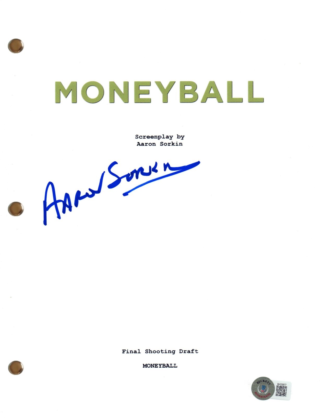 Aaron Sorkin Signed Autograph Moneyball Movie Script Full Screenplay Beckett COA
