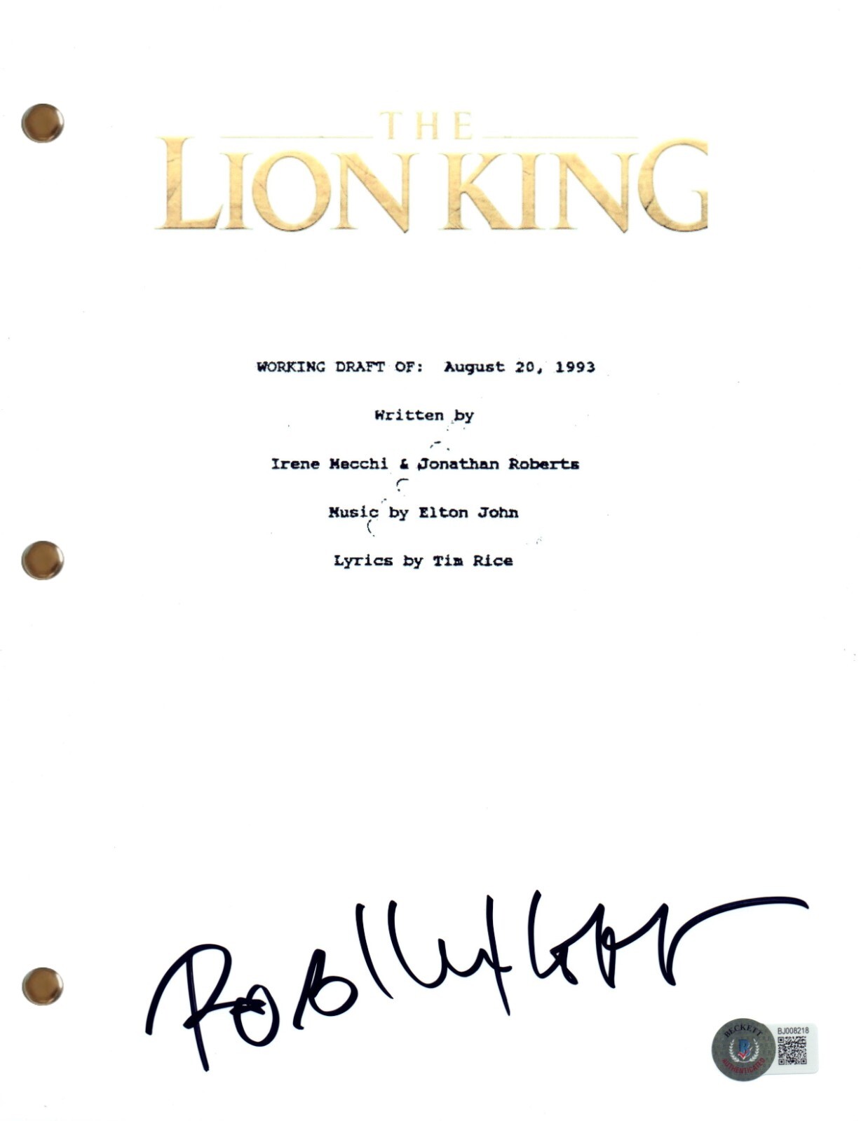 Rob Minkoff Signed Autograph The Lion King Movie Script Screenplay Beckett COA

