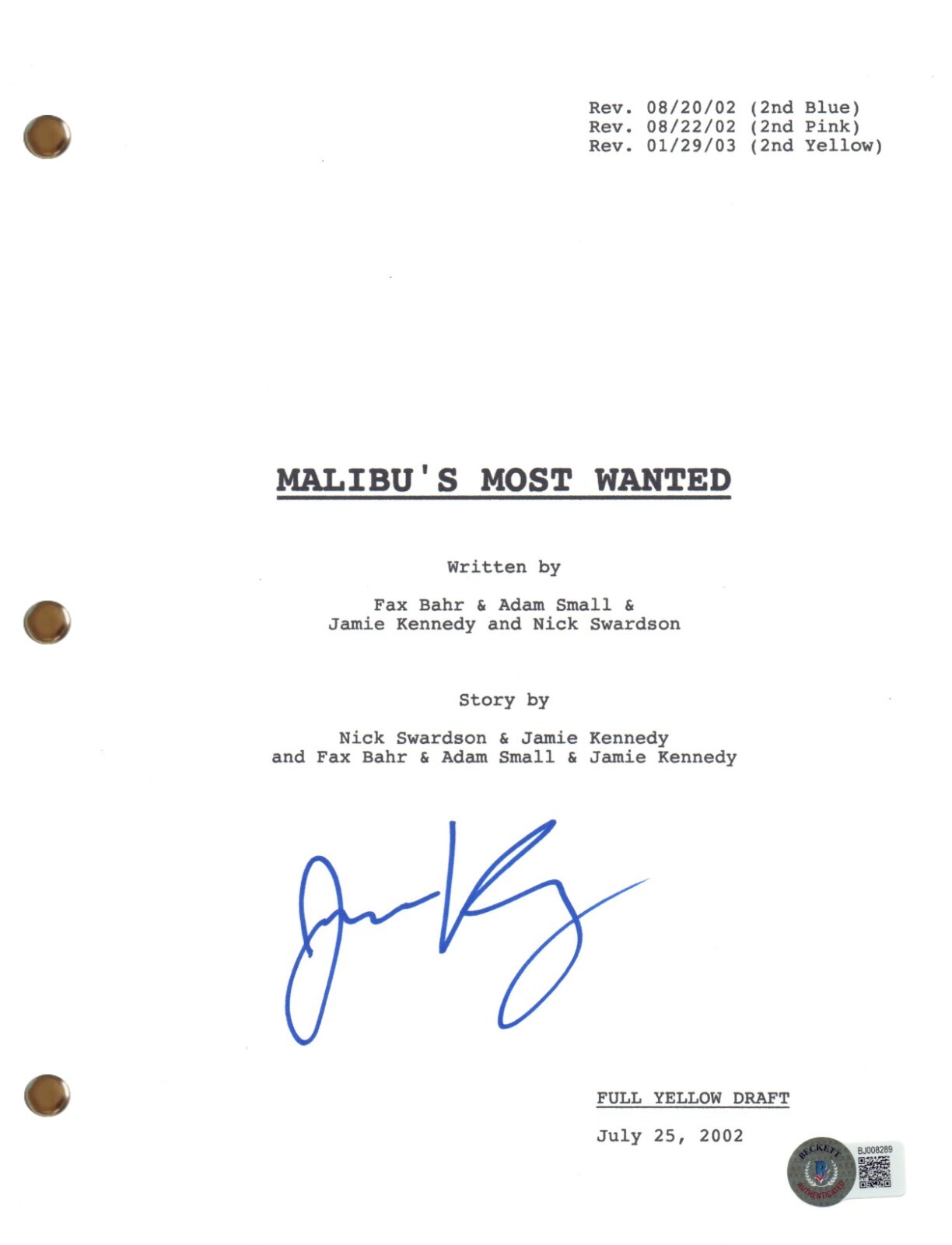 Jamie Kennedy Signed Autograph Malibu's Most Wanted Movie Script Beckett COA
