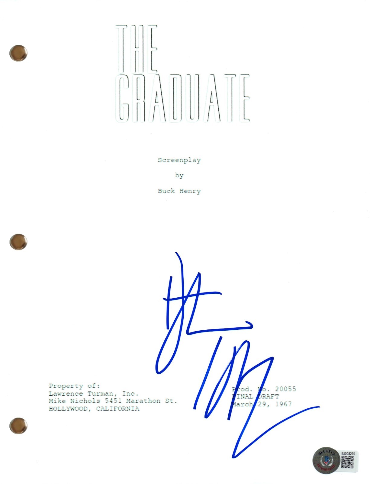 Dustin Hoffman Signed Autograph The Graduate Movie Script Screenplay Beckett COA
