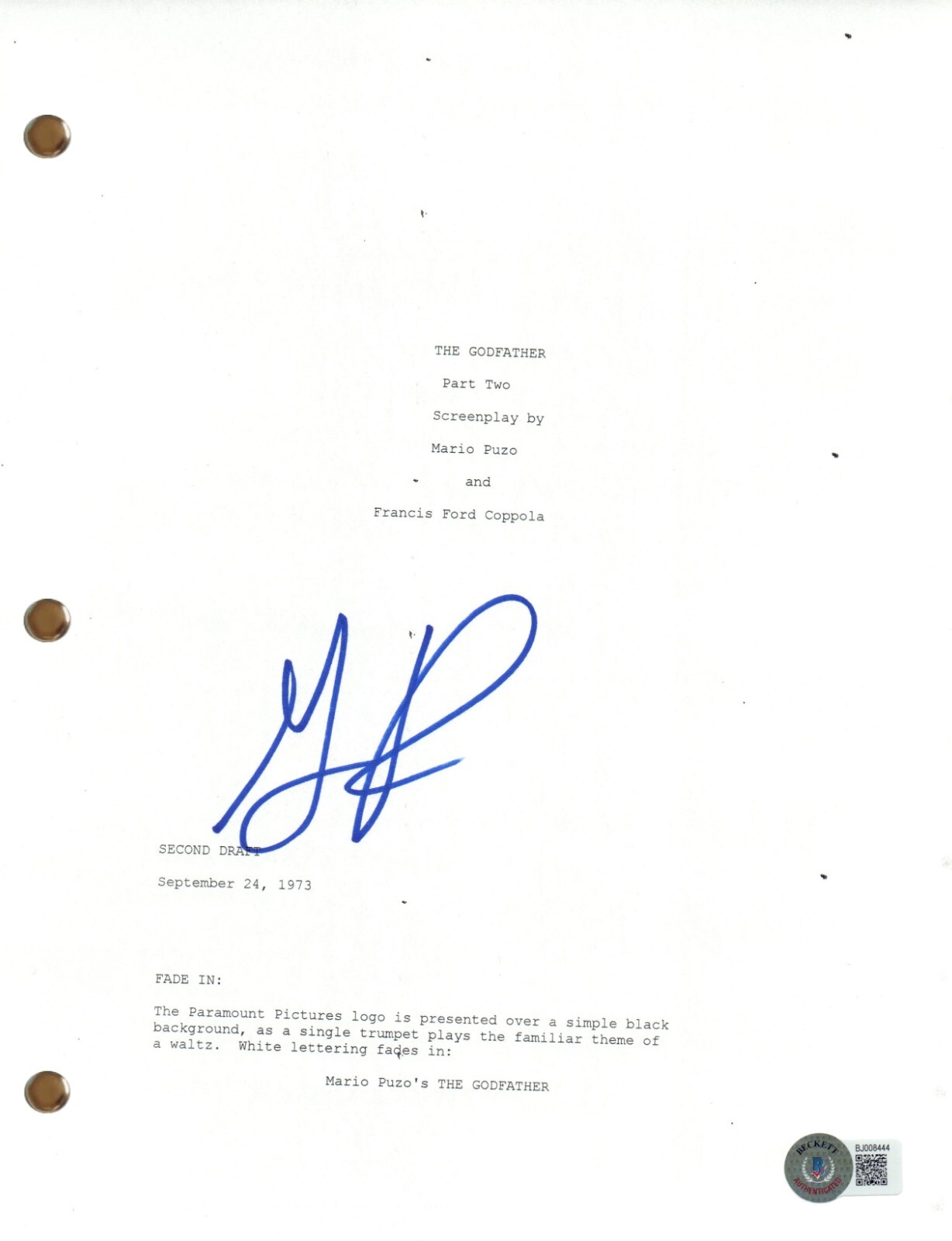 Gianni Russo Signed Autograph The Godfather Part II 2 Movie Script Beckett COA
