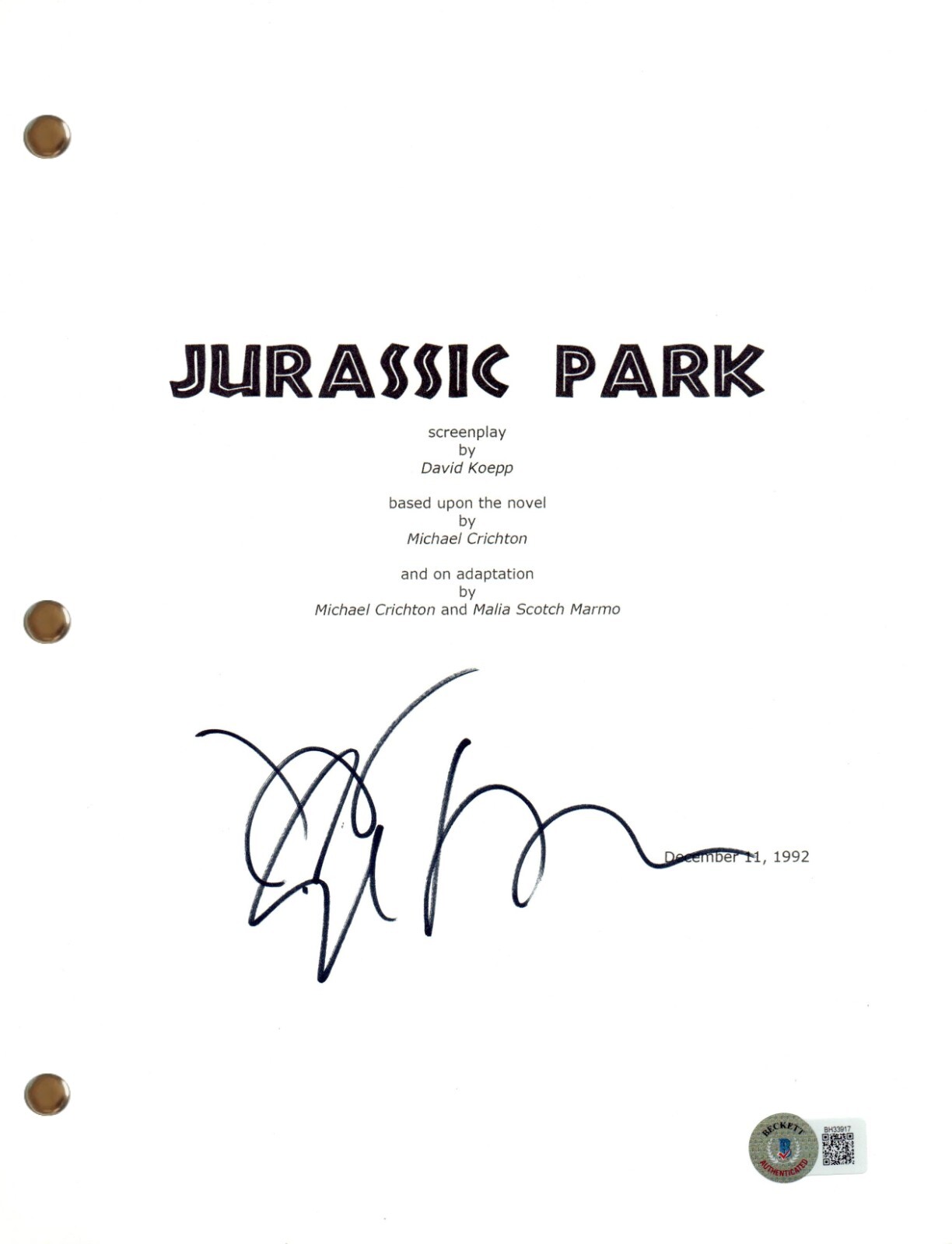 Jeff Goldblum Signed Autograph Jurassic Park Movie Script Screenplay Beckett COA
