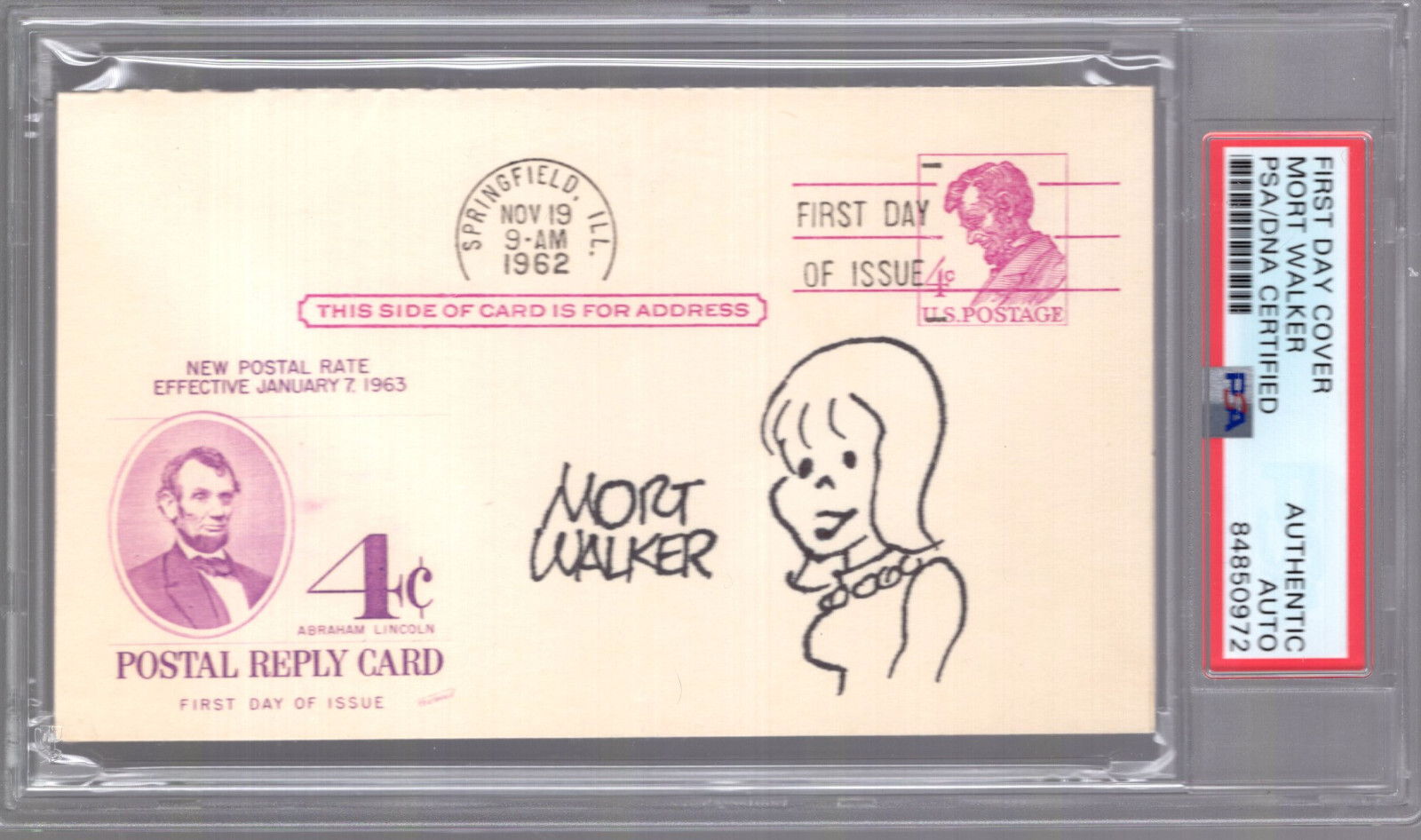 MORT WALKER SIGNED 1962 POSTAL CARD WITH MISS BUXLEY DRAWING JSA+PSA SLABBED
