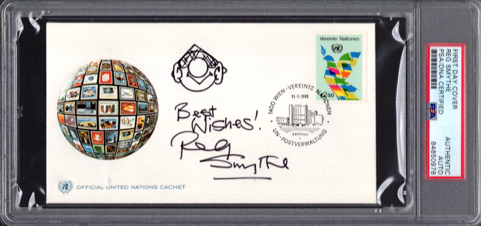 REG SMYTHE HAND SIGNED UNITED NATIONS FDC ANDY CAPP SKETCH JSA+PSA SLABBED

