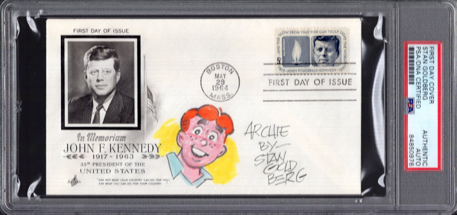 STAN GOLDBERG HAND SIGNED 1964 JFK FDC COLOR ARCHIE DRAWING JSA+PSA SLAB
