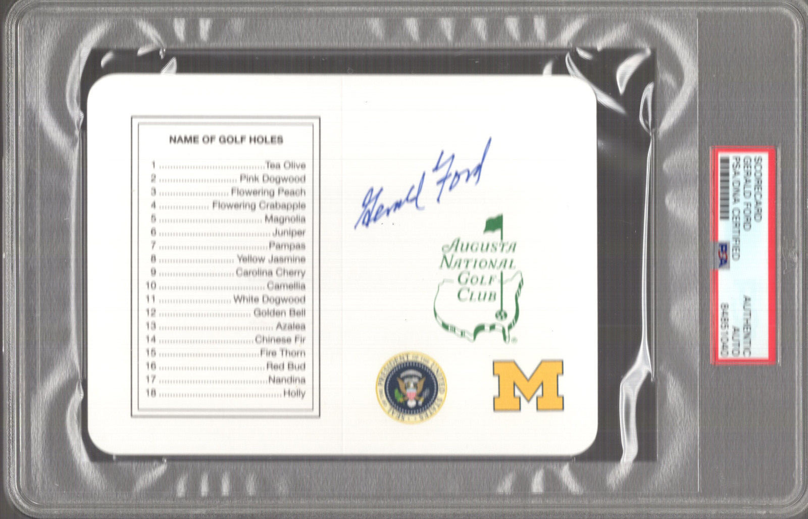 GERALD FORD HAND SIGNED MASTERS SCORECARD VERY RARE JSA+PSA SLABBED
