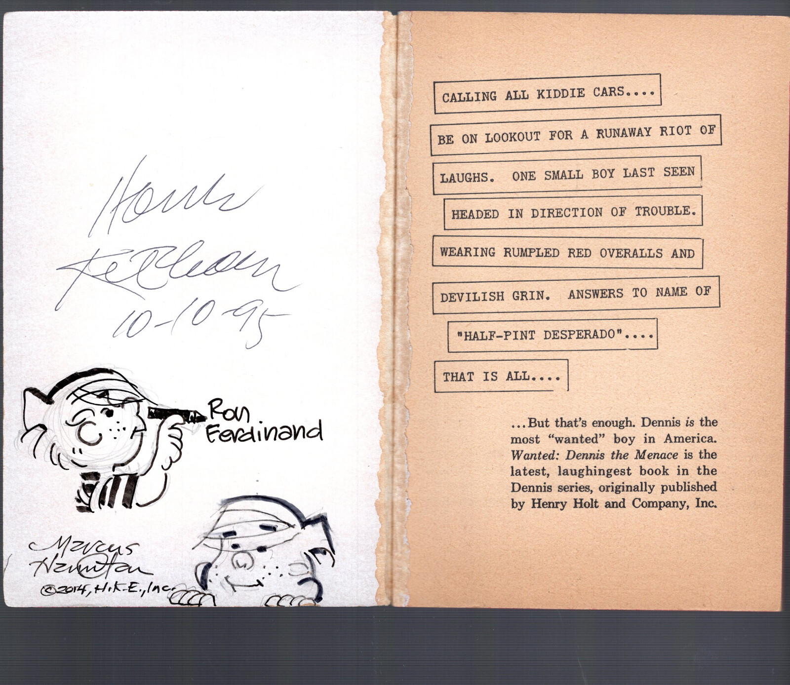 HANK KETCHAM+HAMILTON+FERDINAND ORIGINAL DENNIS THE MENACE ARTWORK IN 1955 BOOK COLLECTIBLE MEMORABILIA