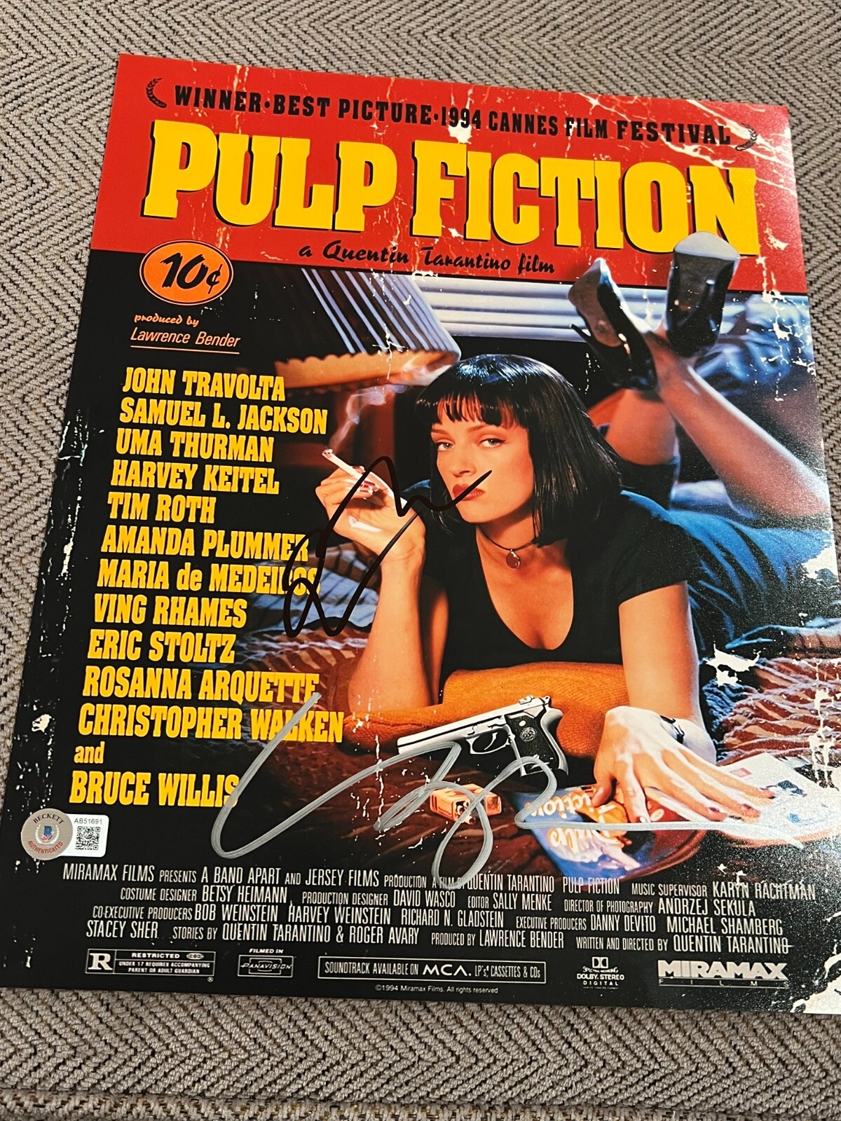 QUENTIN TARANTINO UMA THURMAN SIGNED AUTOGRAPH 11x14 PHOTO BECKETT BAS AUTO X1
