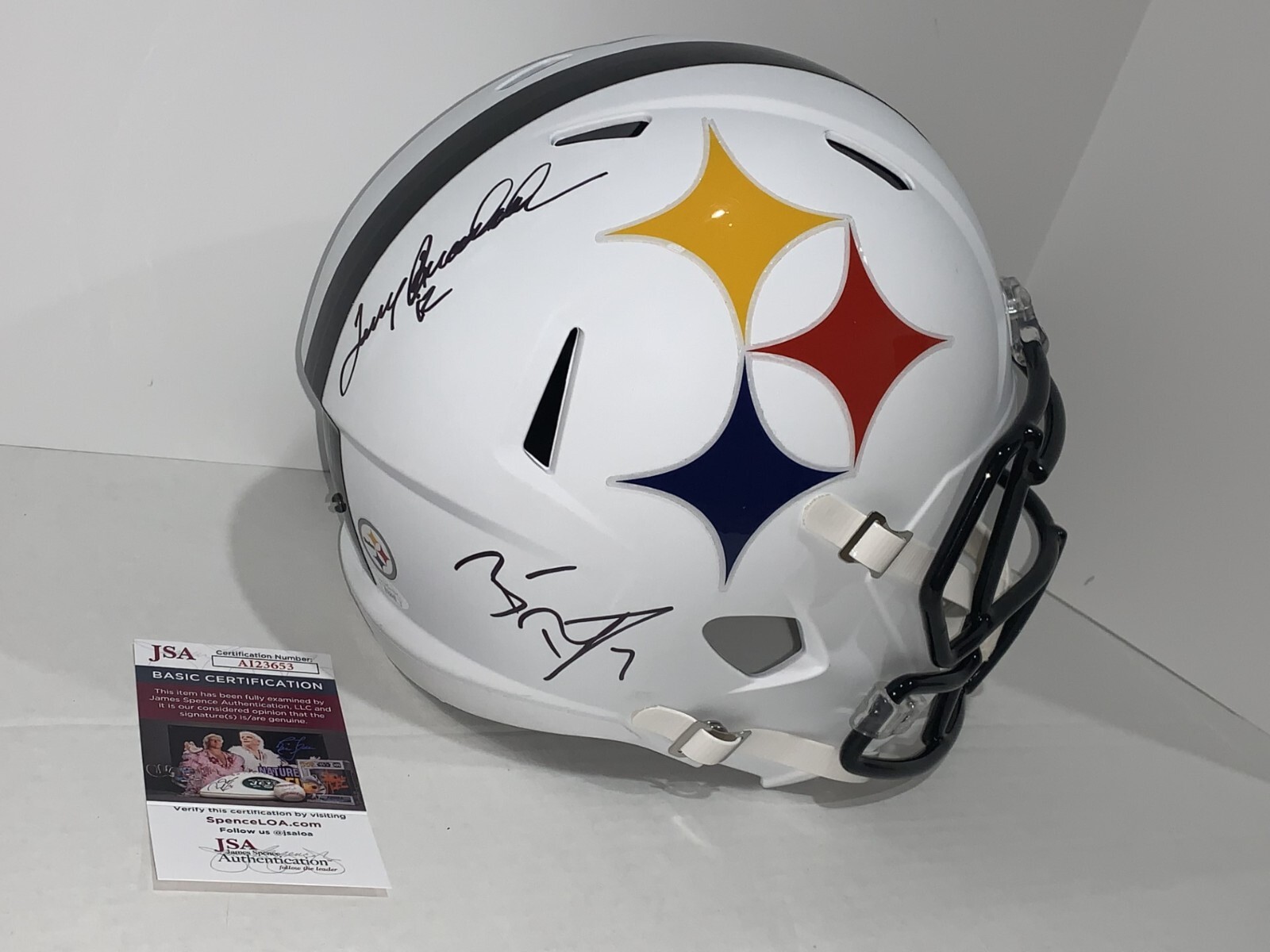 BEN ROETHLISBERGER & TERRY BRADSHAW SIGNED F/S STEELERS REP AMP HELMET JSA COA
