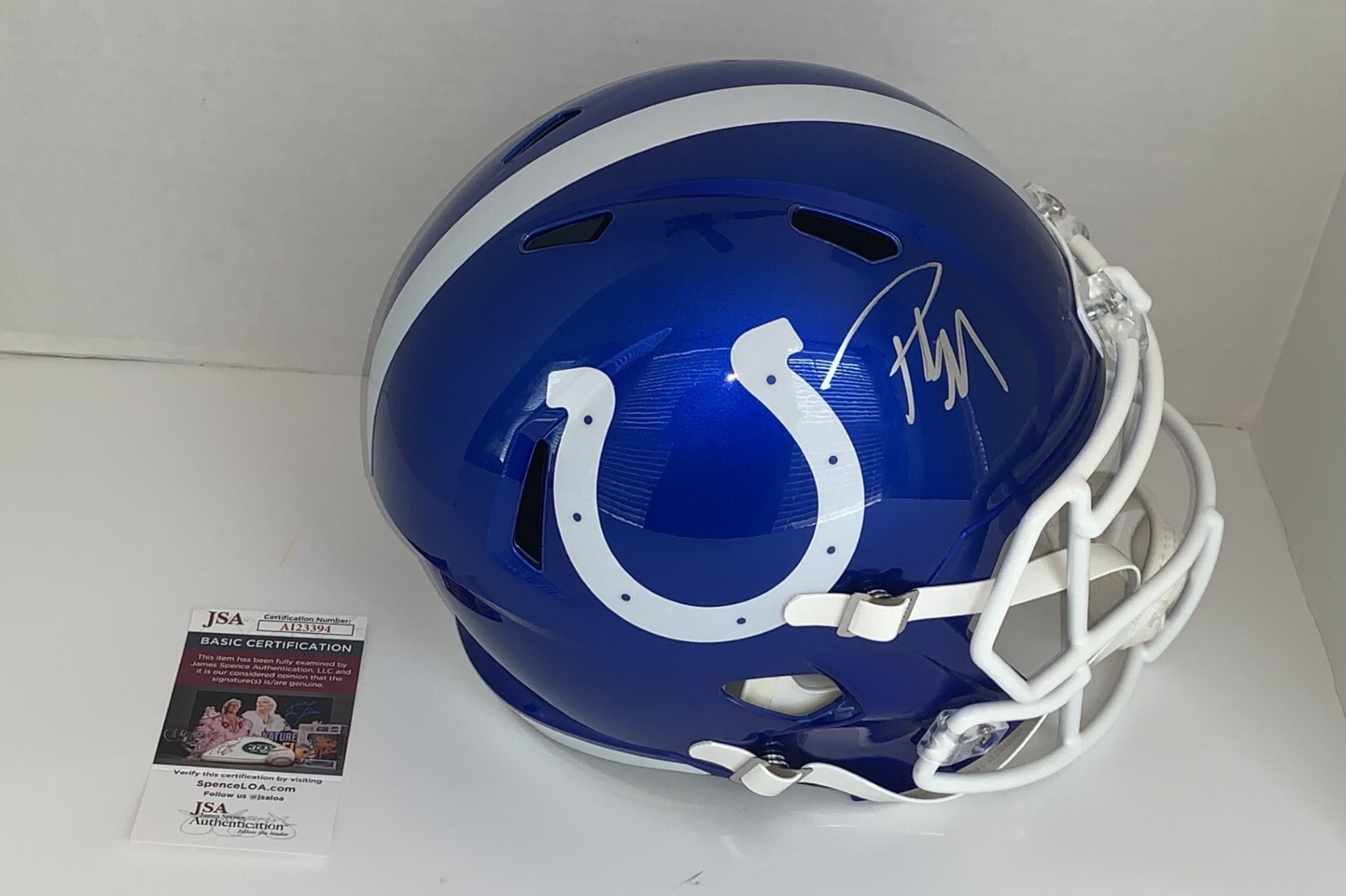 PAT MCAFEE SIGNED INDIANAPOLIS COLTS FULL-SIZE REPLICA FLASH HELMET JSA COA
