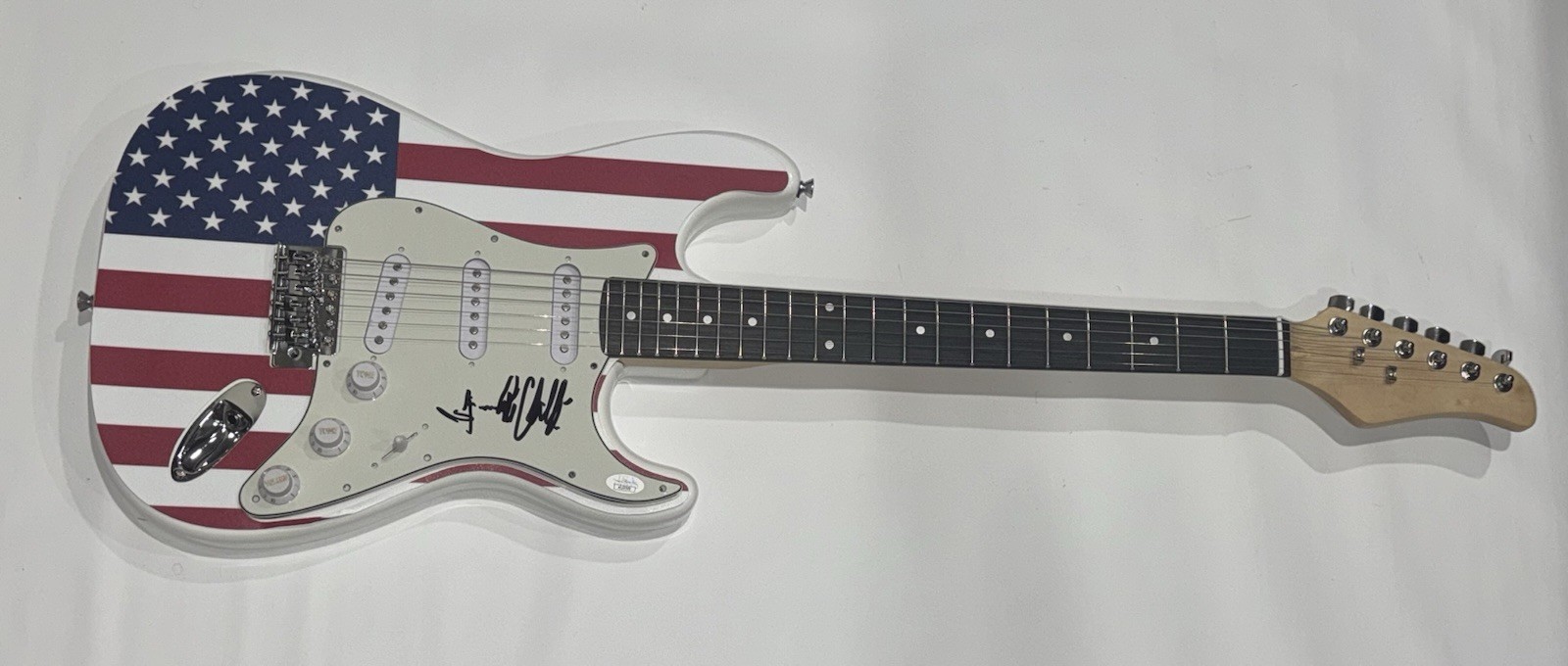 FRANKIE VALLI SIGNED USA FLAG ELECTRIC GUITAR THE FOUR SEASONS JSA COA
