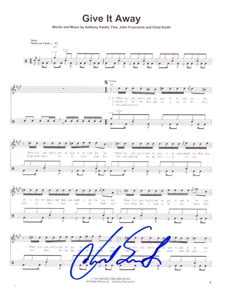 CHAD SMITH SIGNED AUTOGRAPH GIVE IT AWAY SHEET MUSIC RED HOT CHILI PEPPERS RARE!
