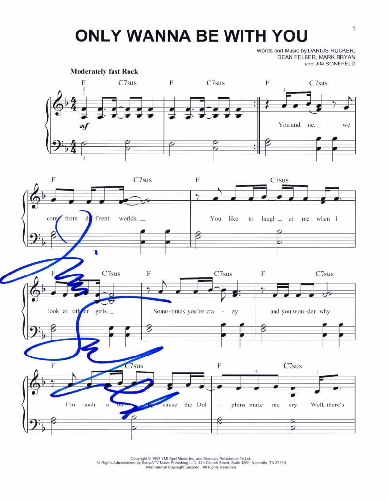 Jim Sonefeld Hootie & the Blowfish Signed Autograph Only Wanna Be With You Sheet
