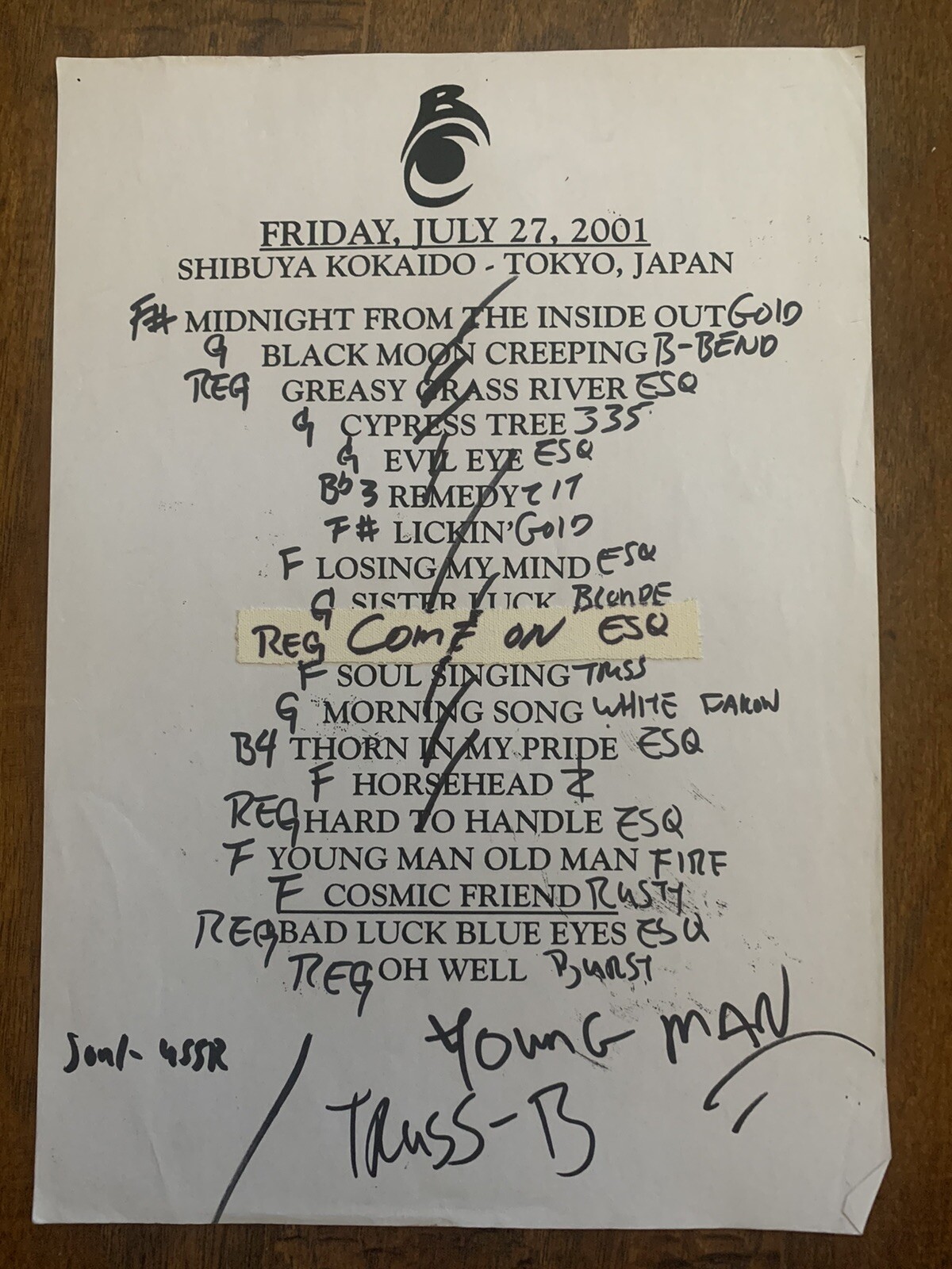 The Black Crowes 7-27-01 Tour Concert Used Set List W/ Notes Tokyo, Japan
