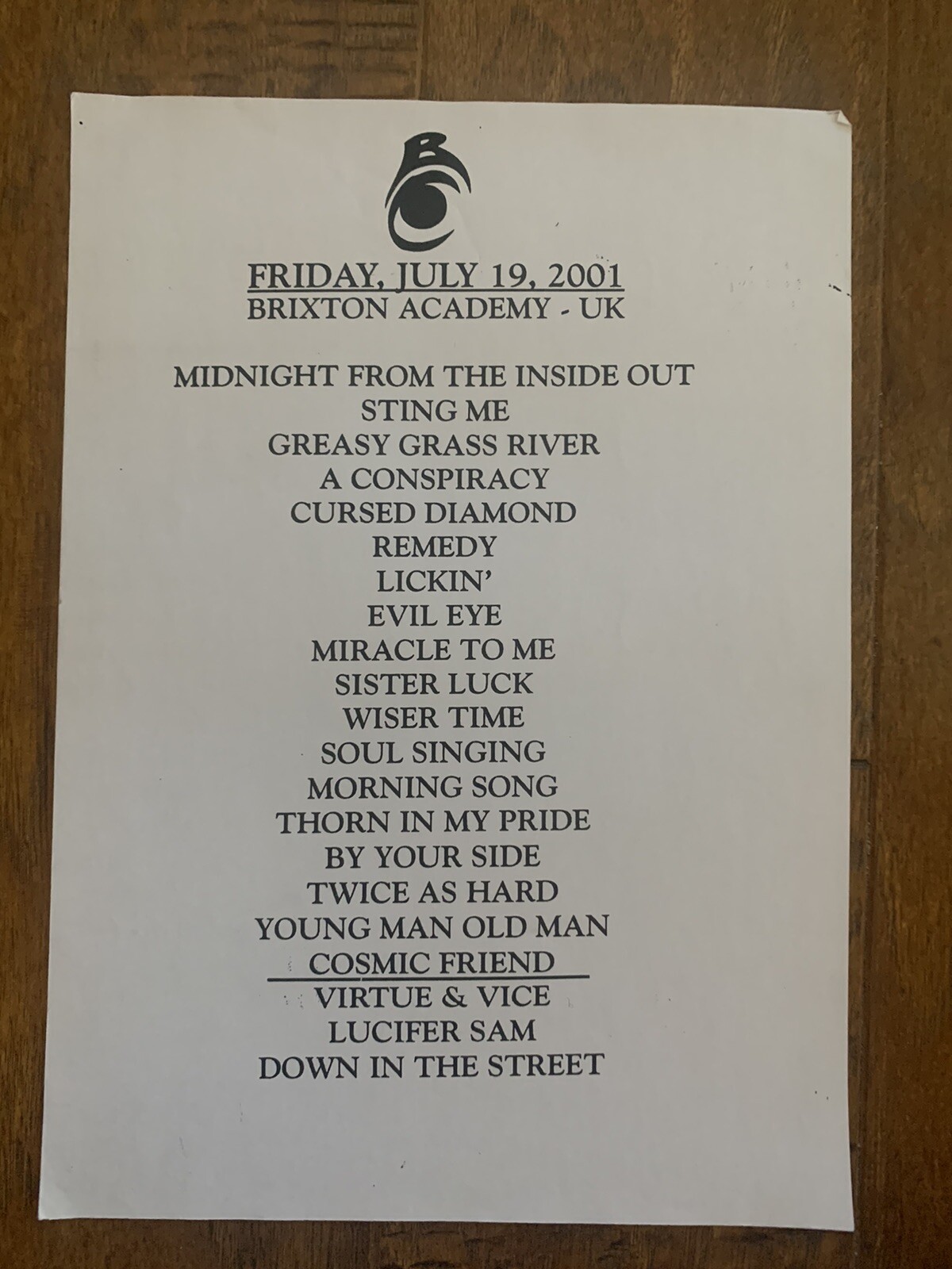 The Black Crowes 7-19-01 Tour Concert Used Set List Brixton Academy UK
