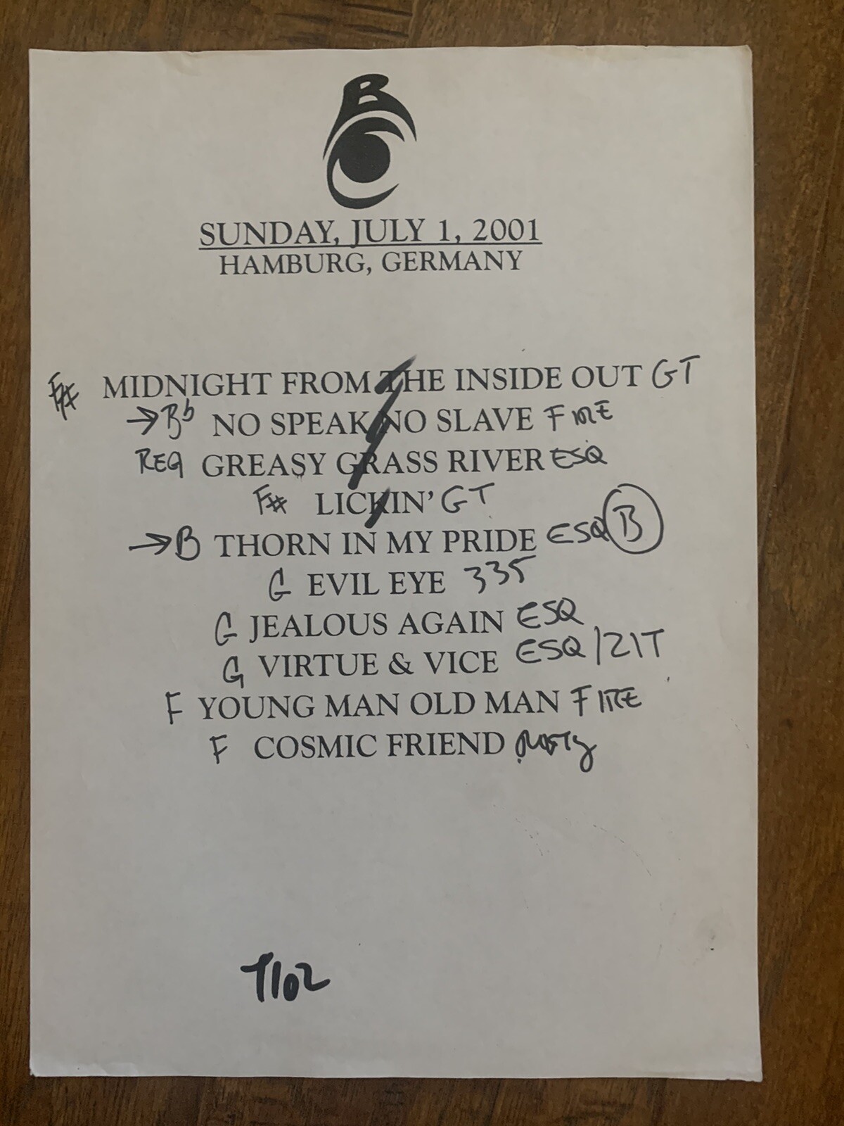 Black Crowes Band 7-1-01 Tour Concert Used Set List W Notes Hamburg, Germany
